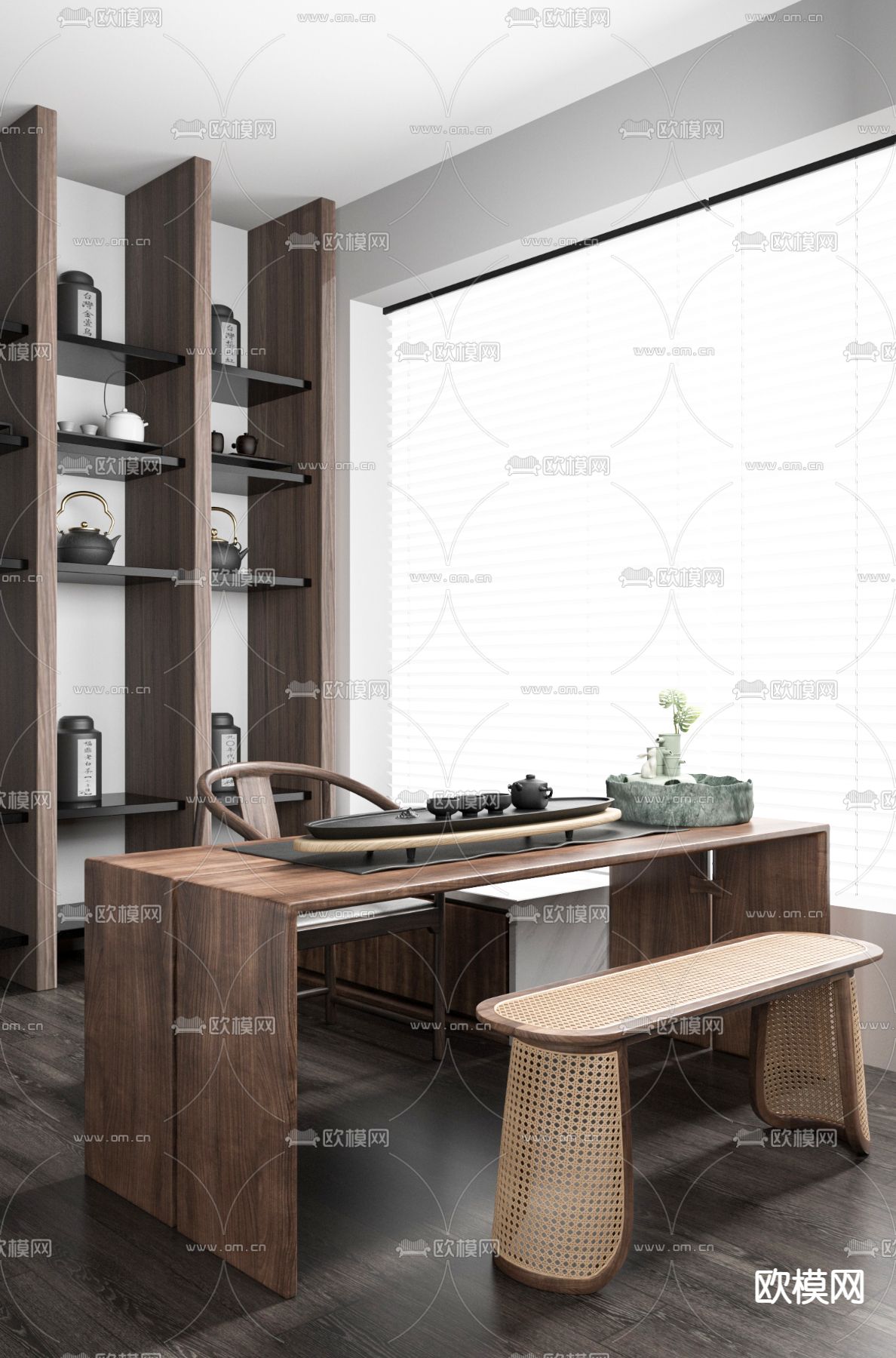 新中式实木茶桌椅3d模型下载