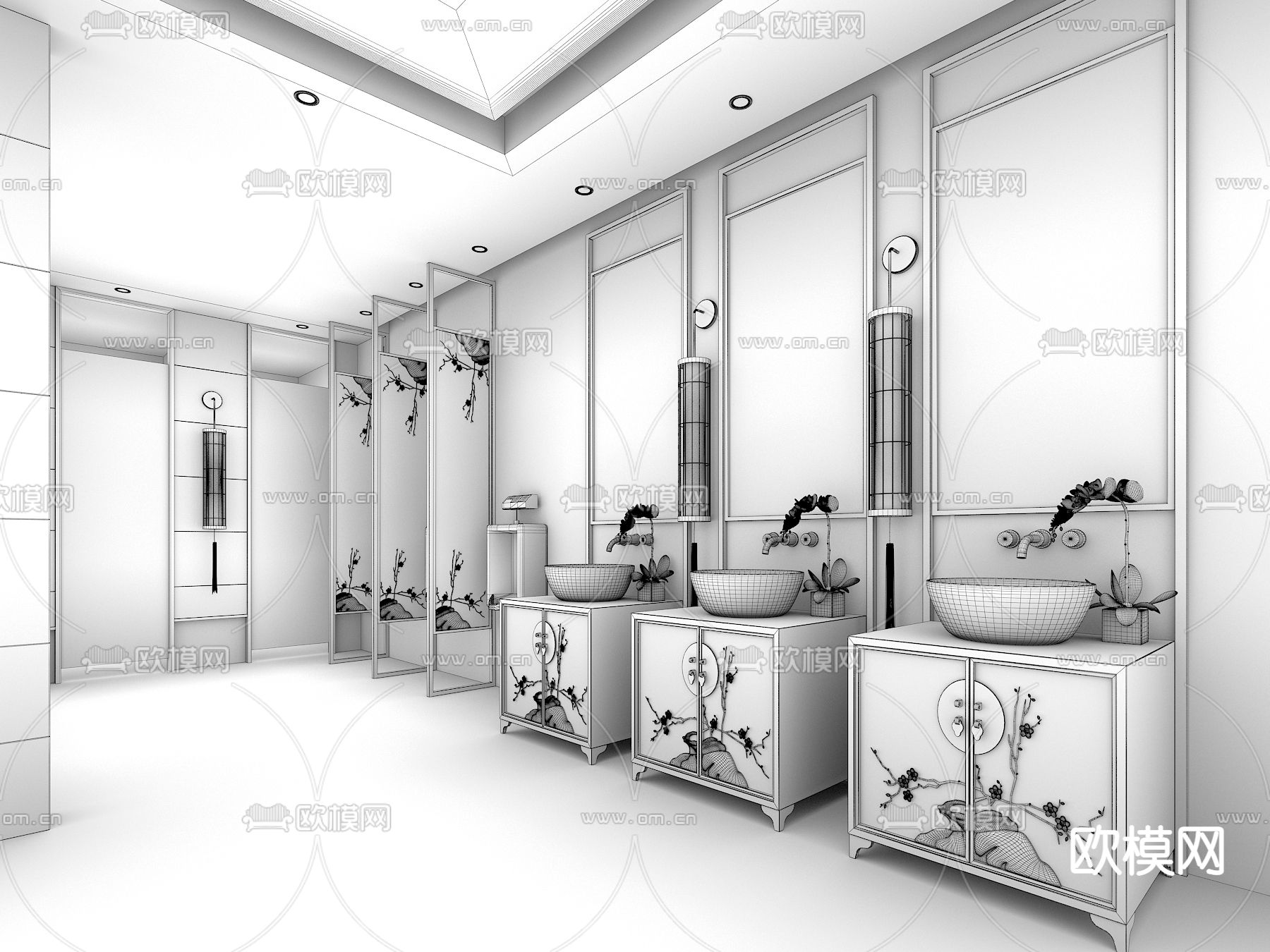 新中式酒店卫生间3d模型下载（渲染图2）