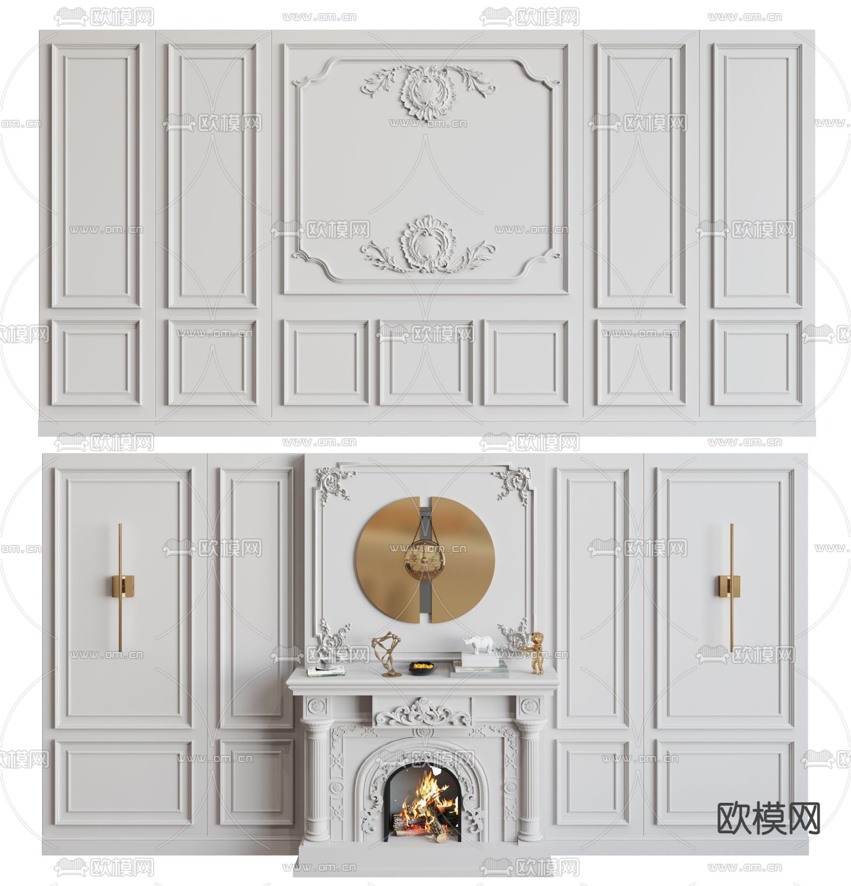 简欧壁炉背景墙3d模型下载