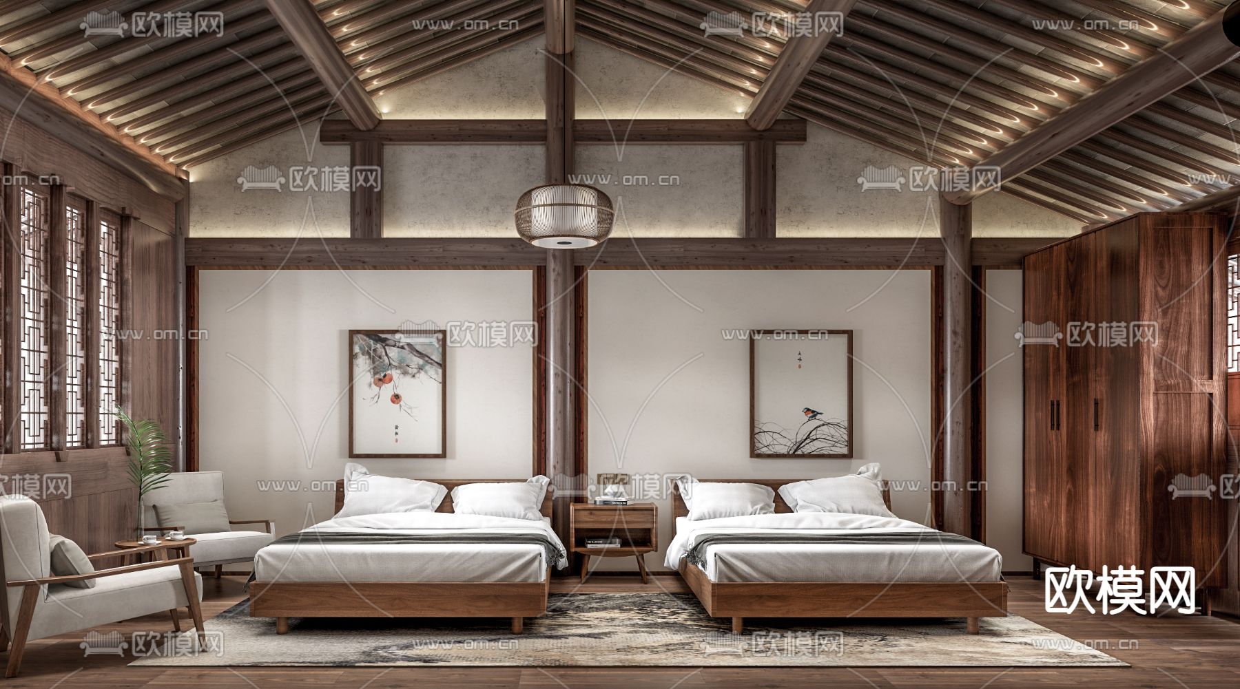 中式酒店客房su模型下载（渲染图1）