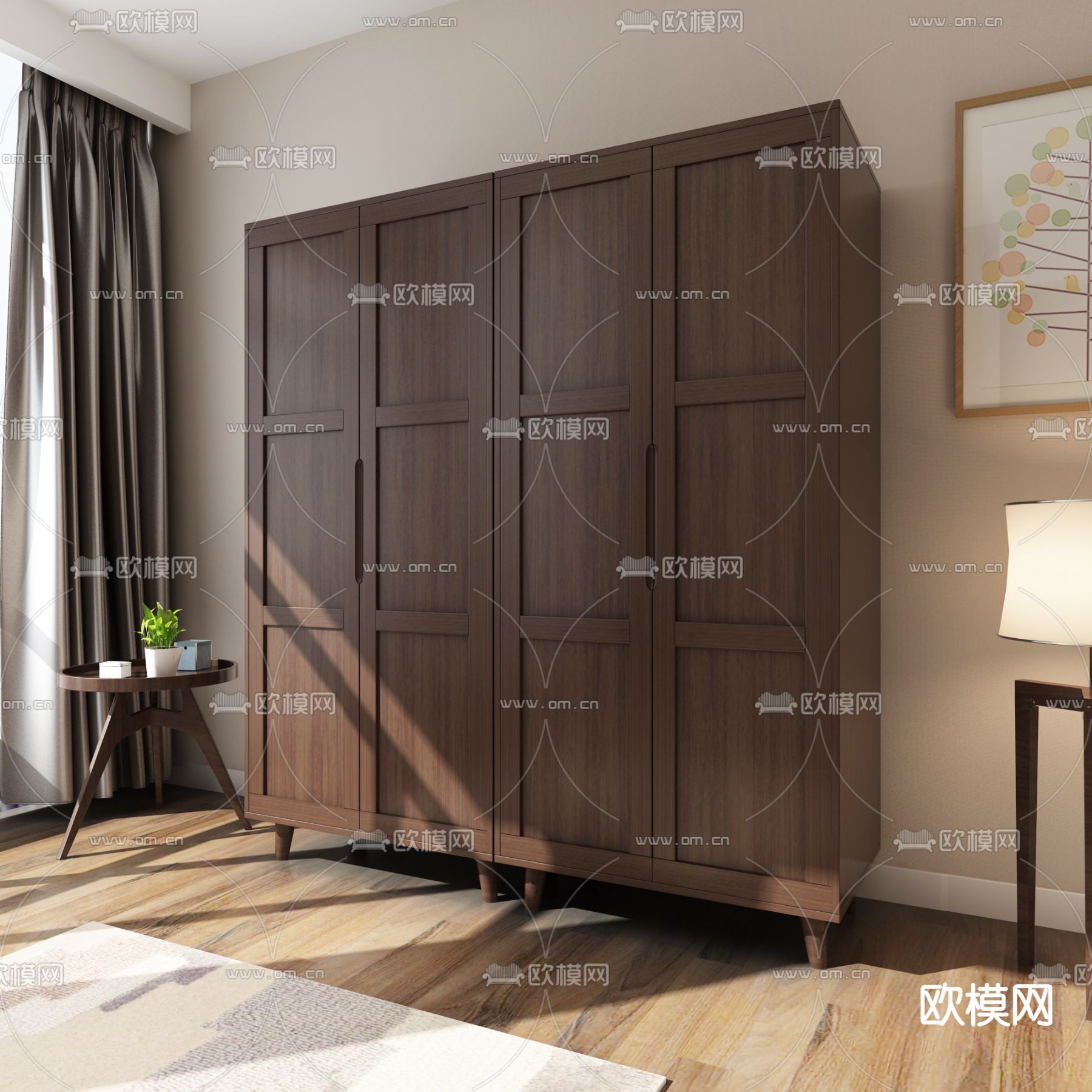 北欧风胡桃木衣柜免费3d模型下载