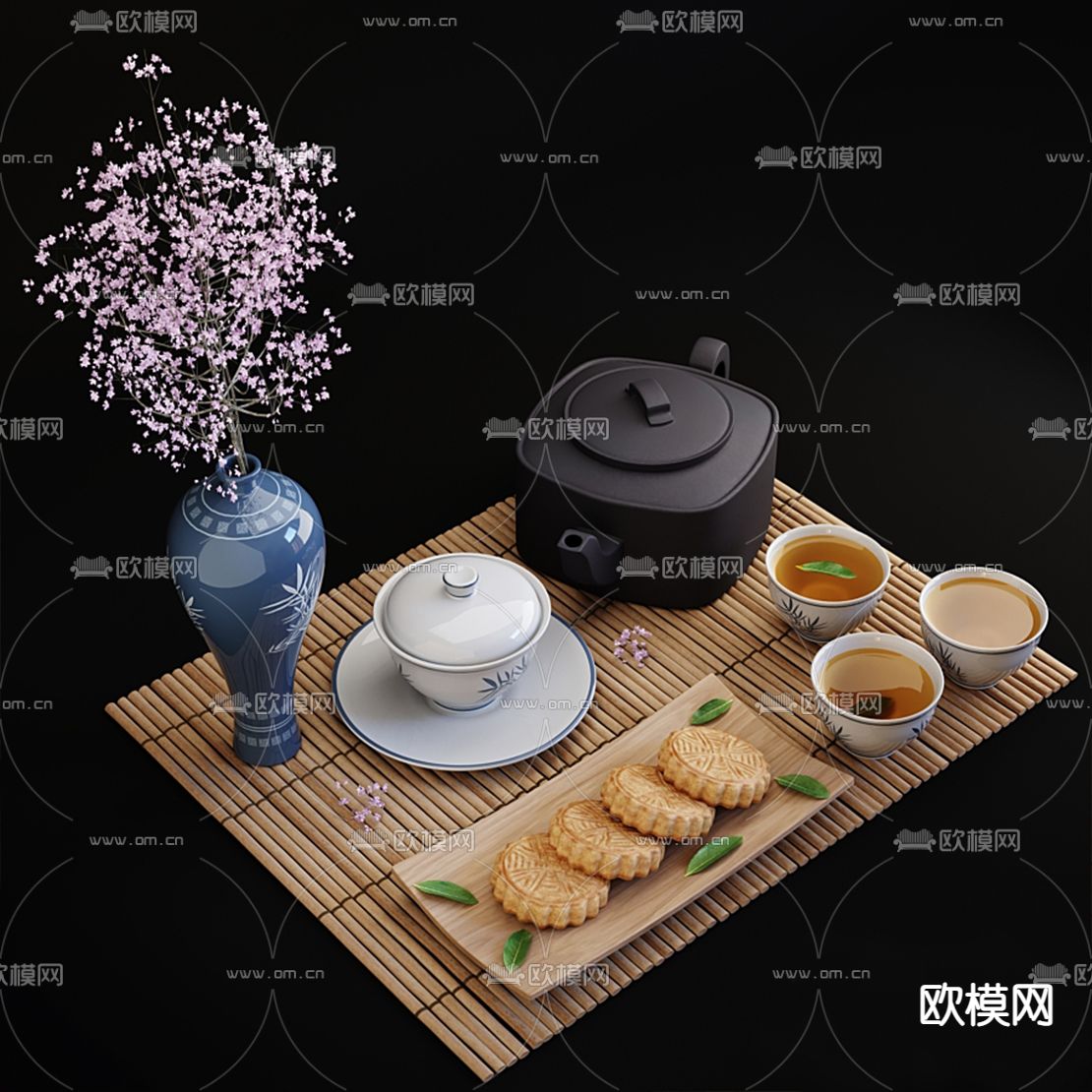新中式茶杯茶壶月饼花瓶3d模型