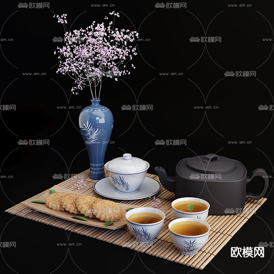 新中式茶杯茶壶月饼花瓶3d模型