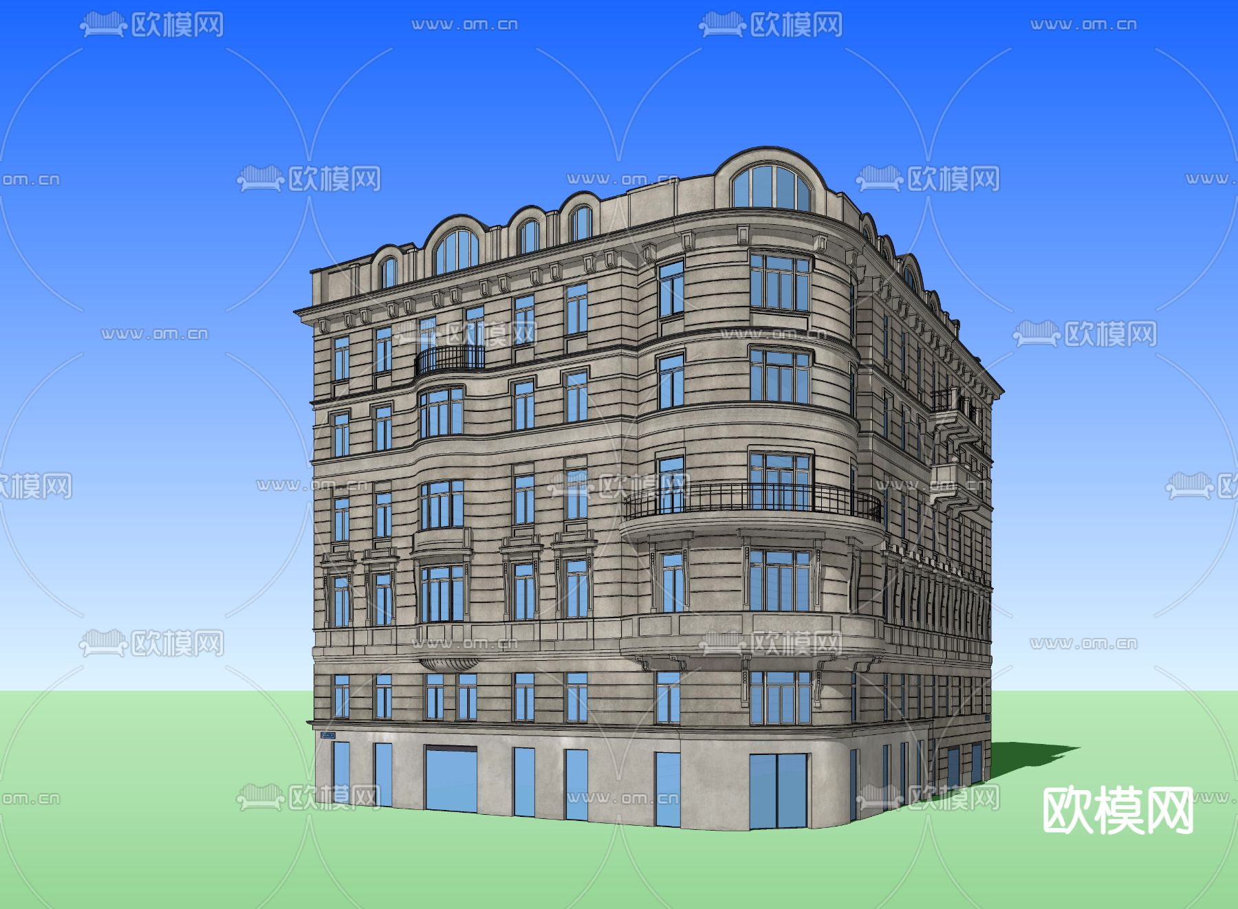 欧式街角办公楼su模型下载（渲染图2）