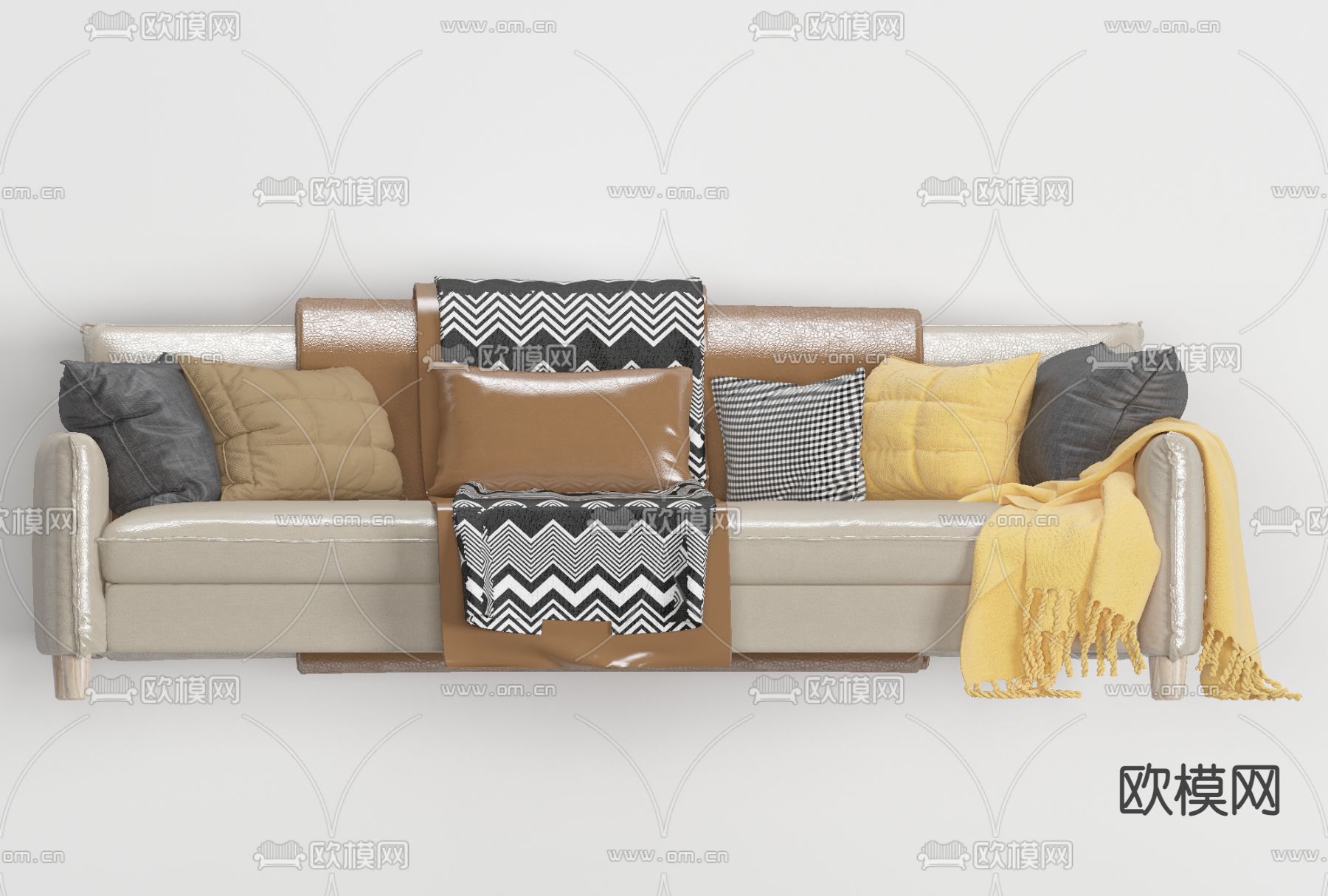 简欧皮革多人沙发免费3d模型下载