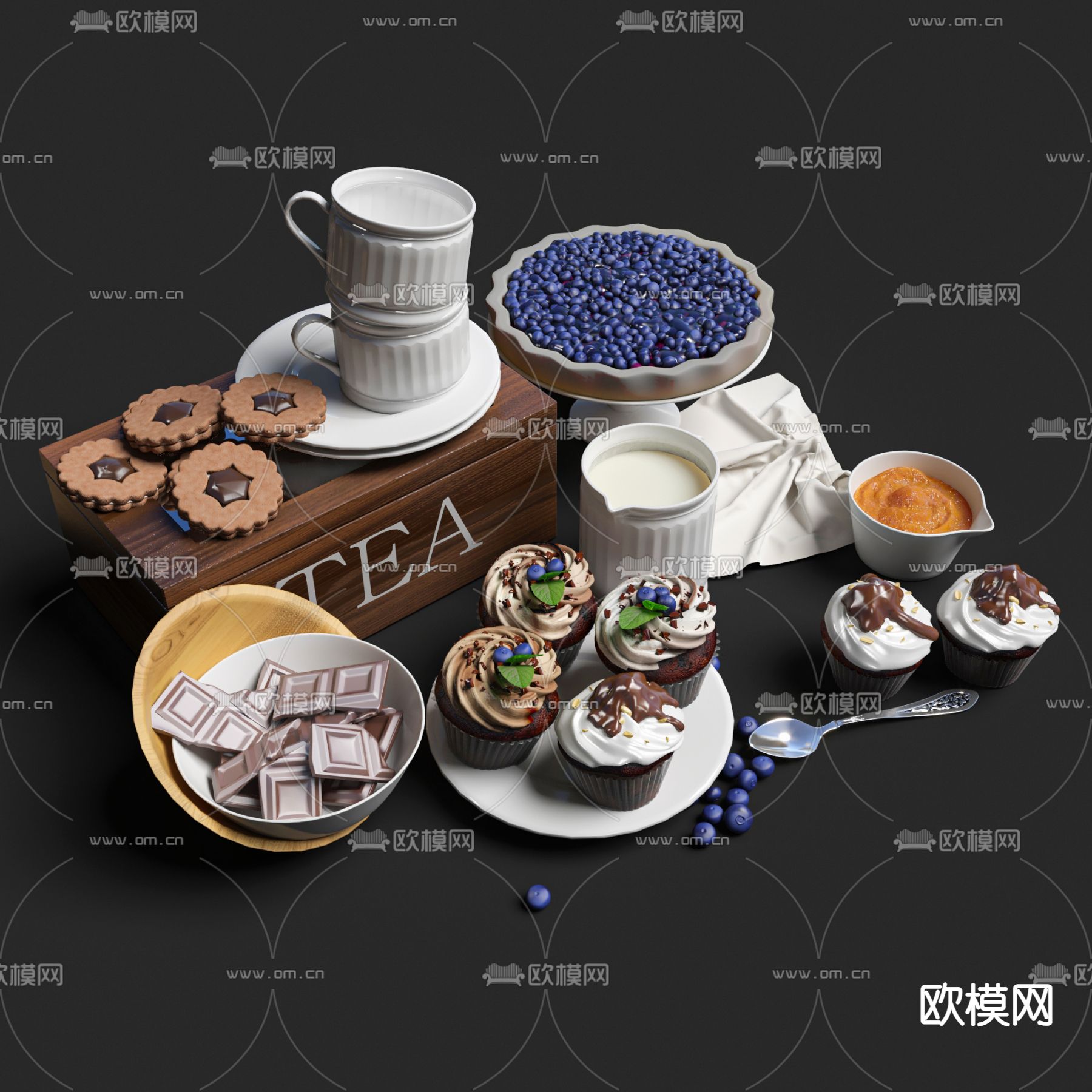 现代点心蛋糕巧克力牛奶3d模型下载
