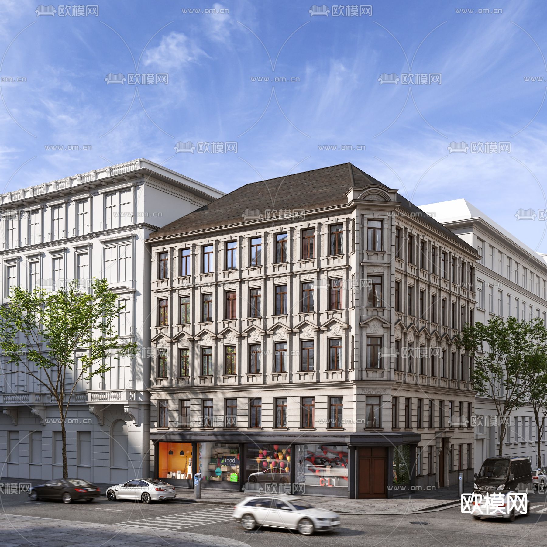 欧式街角办公楼su模型下载（渲染图1）
