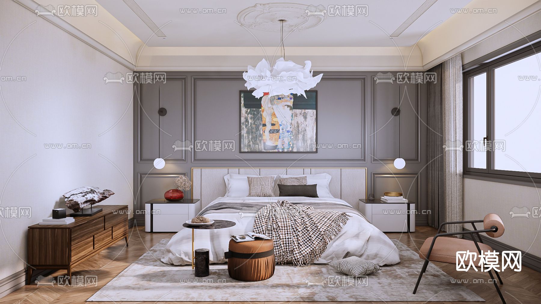 简欧卧室su模型下载（渲染图1）