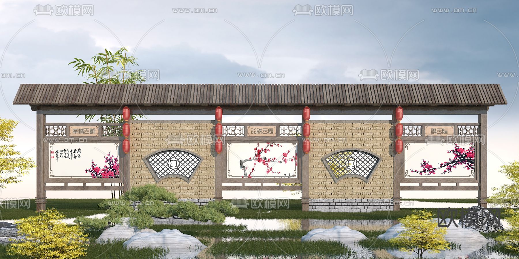 中式园林景观墙3d模型