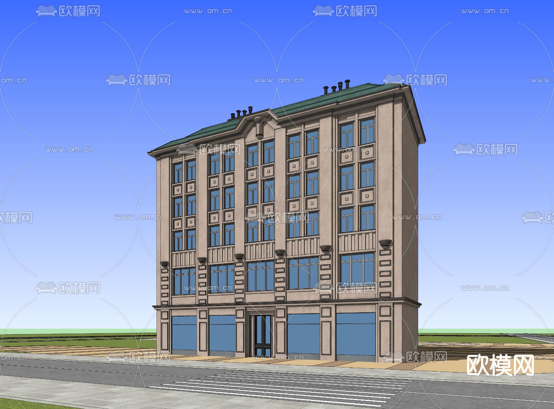 欧式街角办公楼su模型下载（渲染图2）