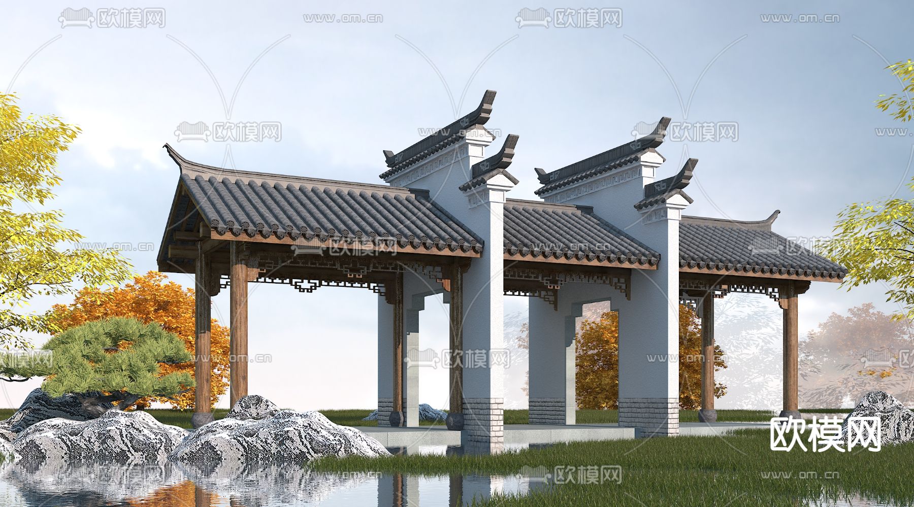 中式休闲长廊3d模型下载