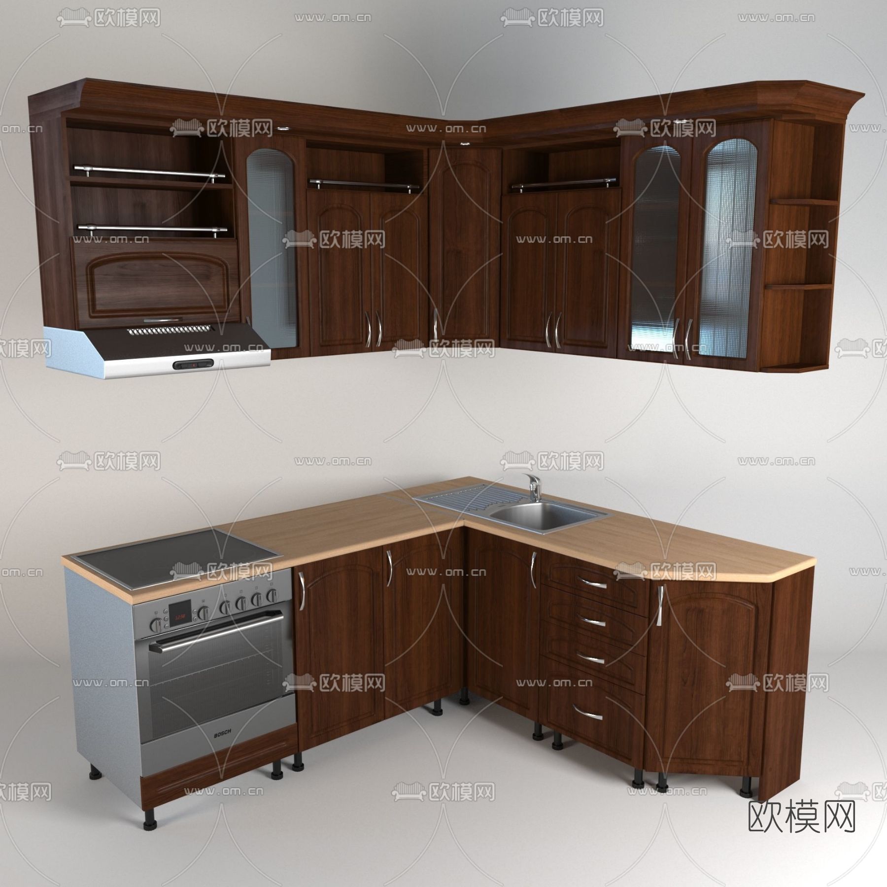 美式木质转角橱柜免费3d模型下载