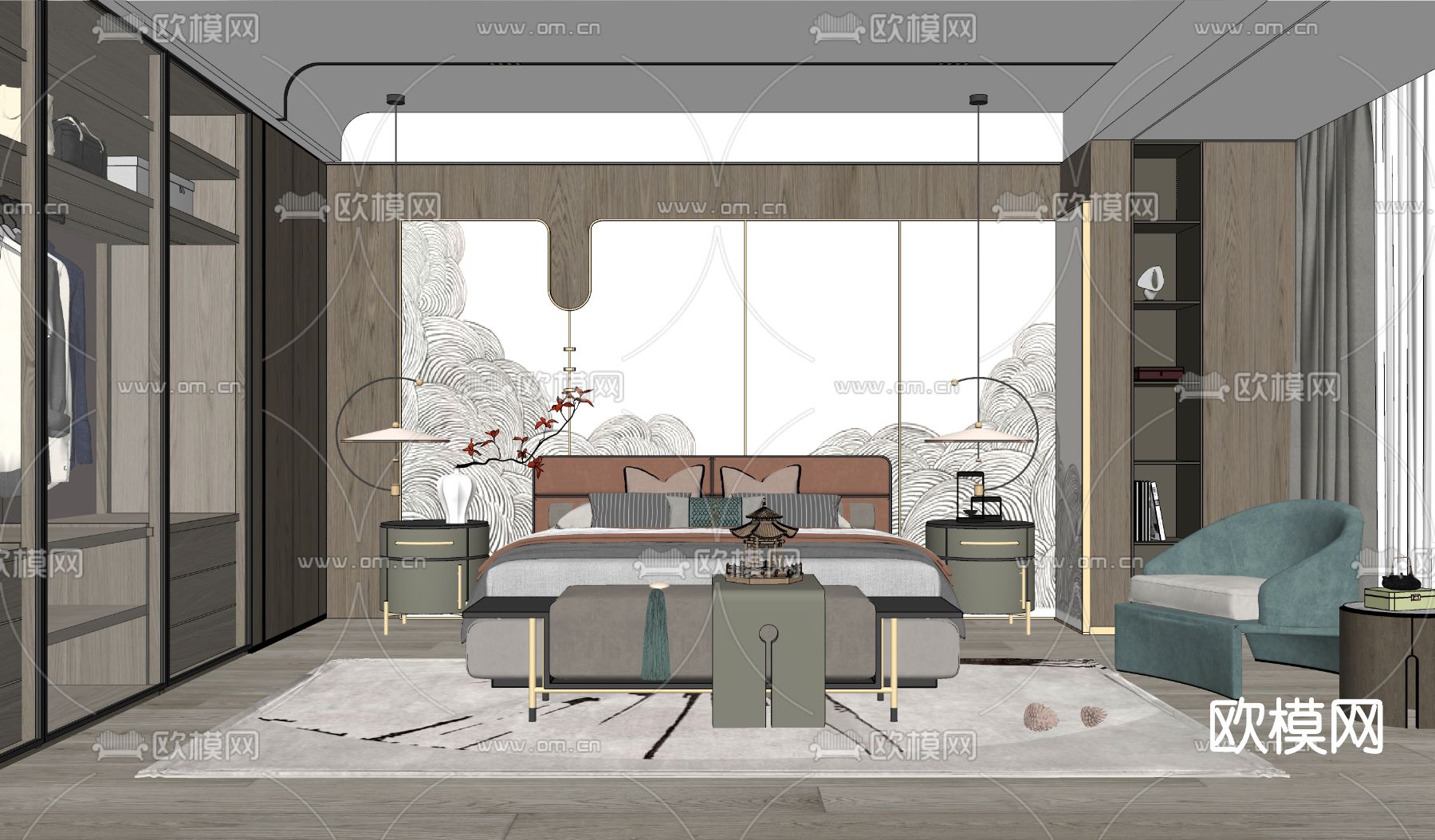 新中式卧室主人房su模型下载（渲染图2）