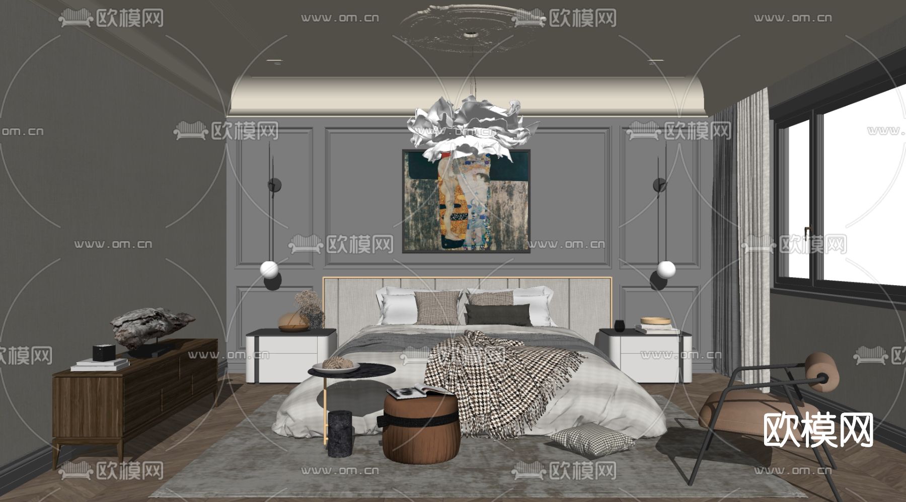 简欧卧室su模型下载（渲染图2）