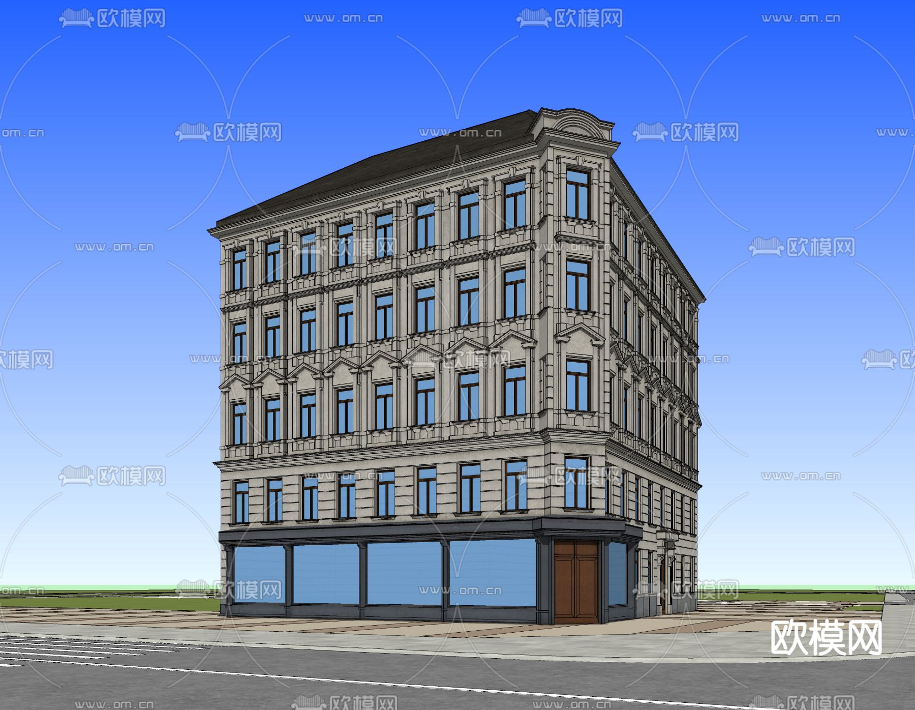 欧式街角办公楼su模型下载（渲染图2）