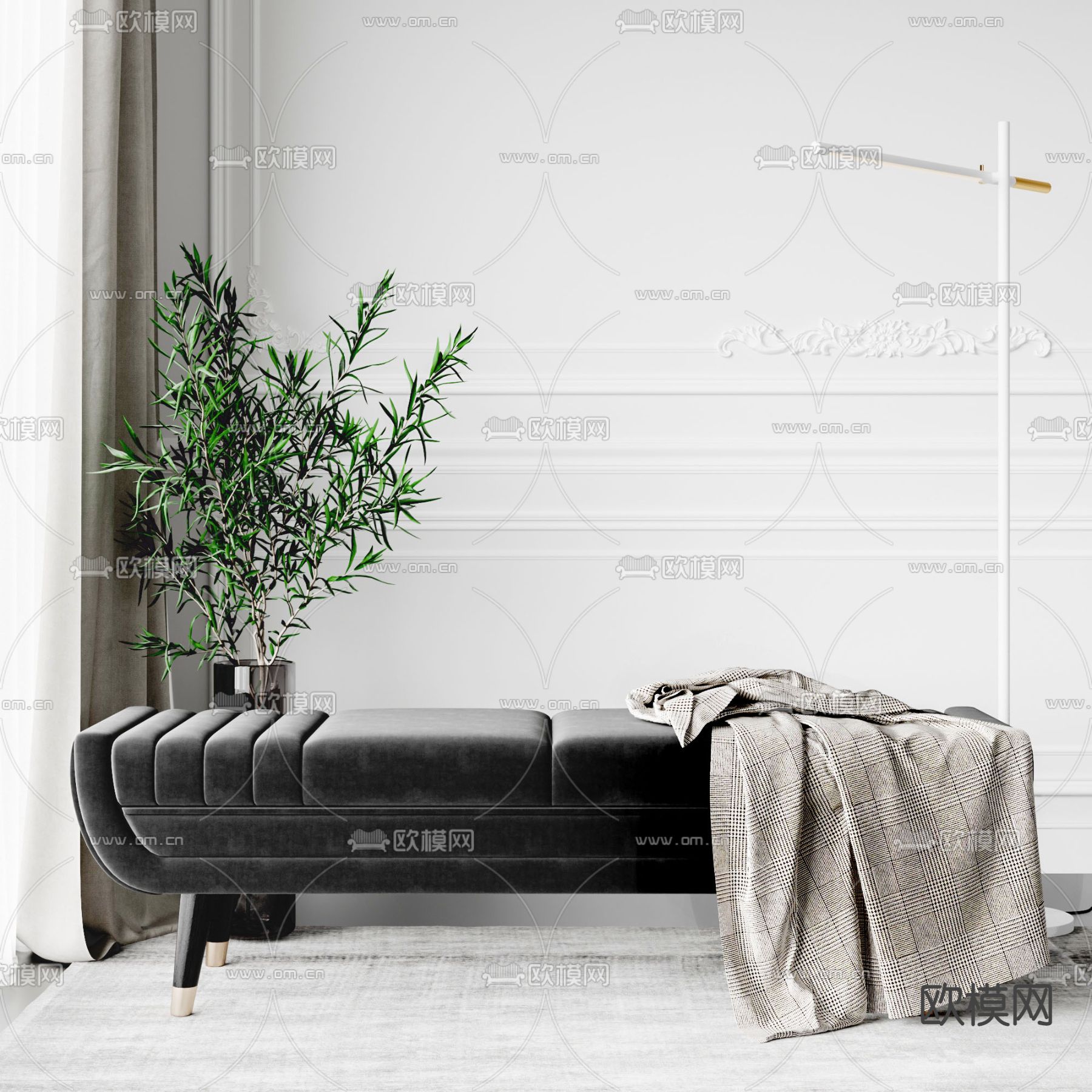 现代布艺床尾凳3d模型下载