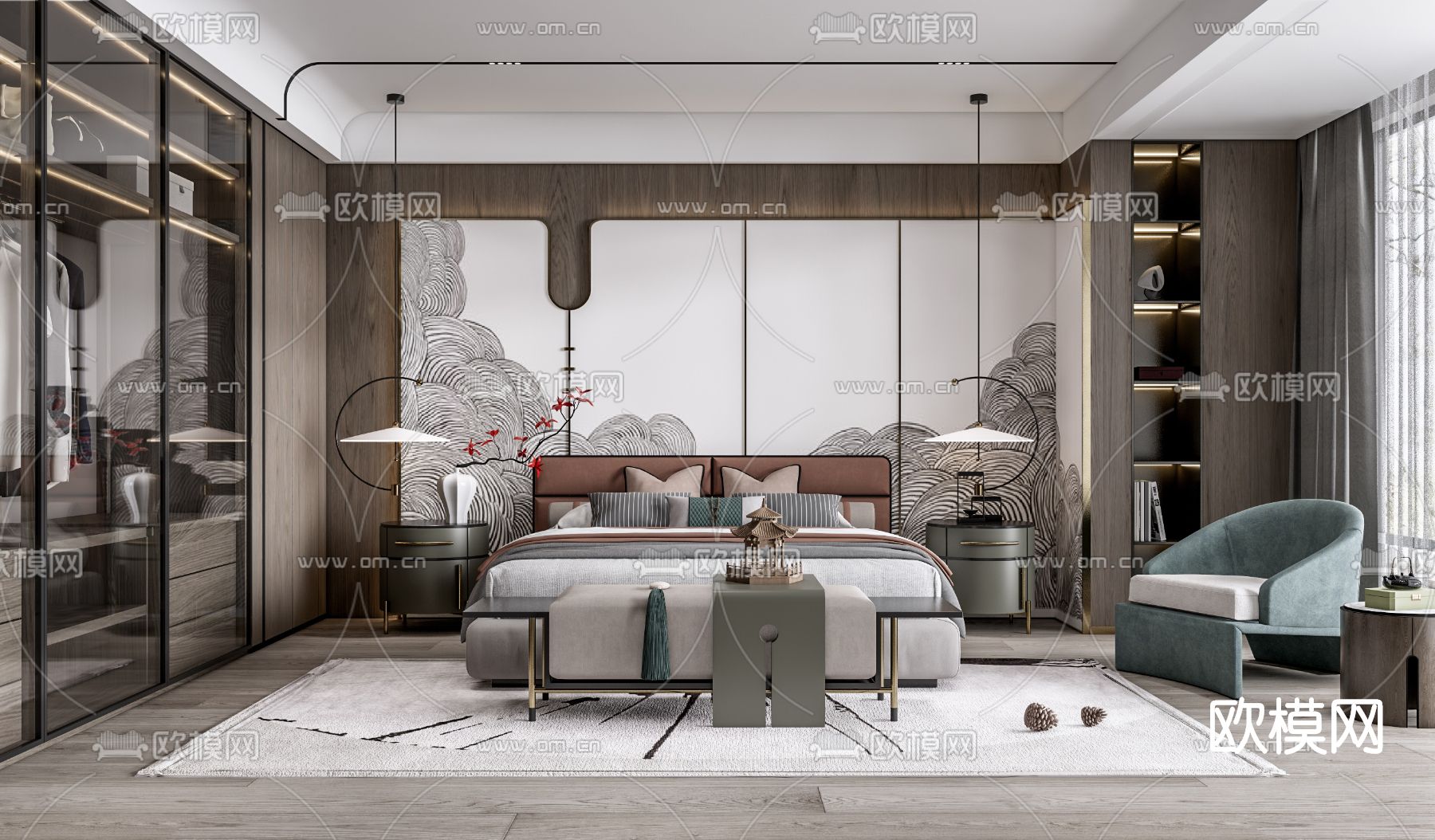 新中式卧室主人房su模型下载（渲染图1）