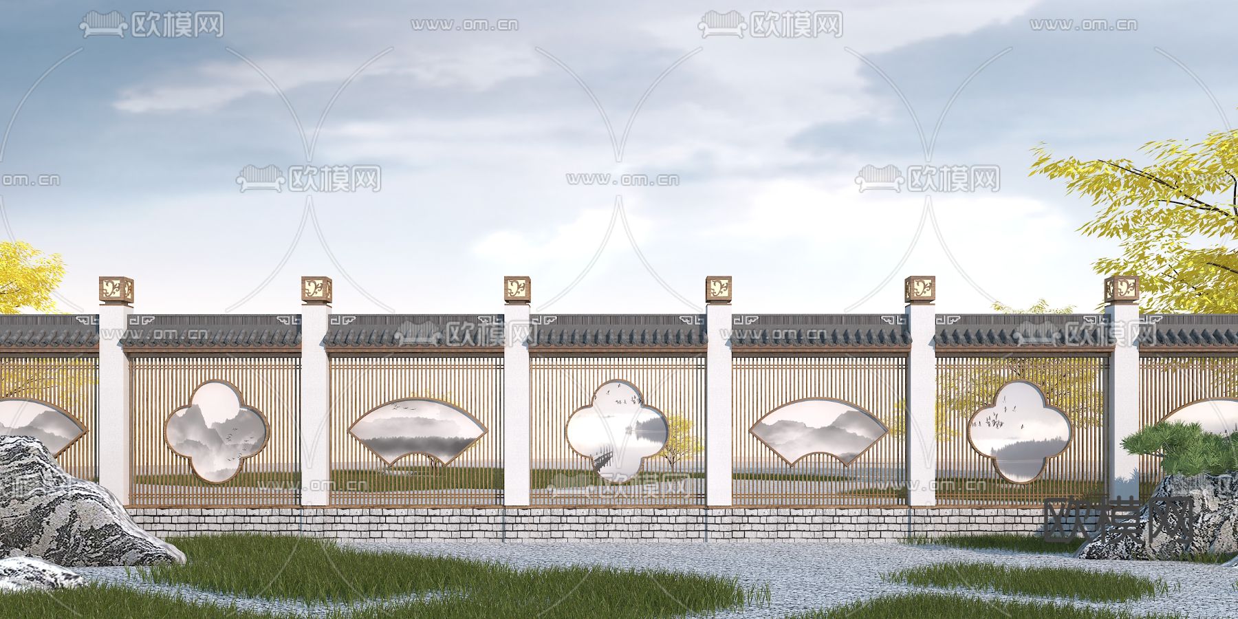 中式园林景观墙3d模型