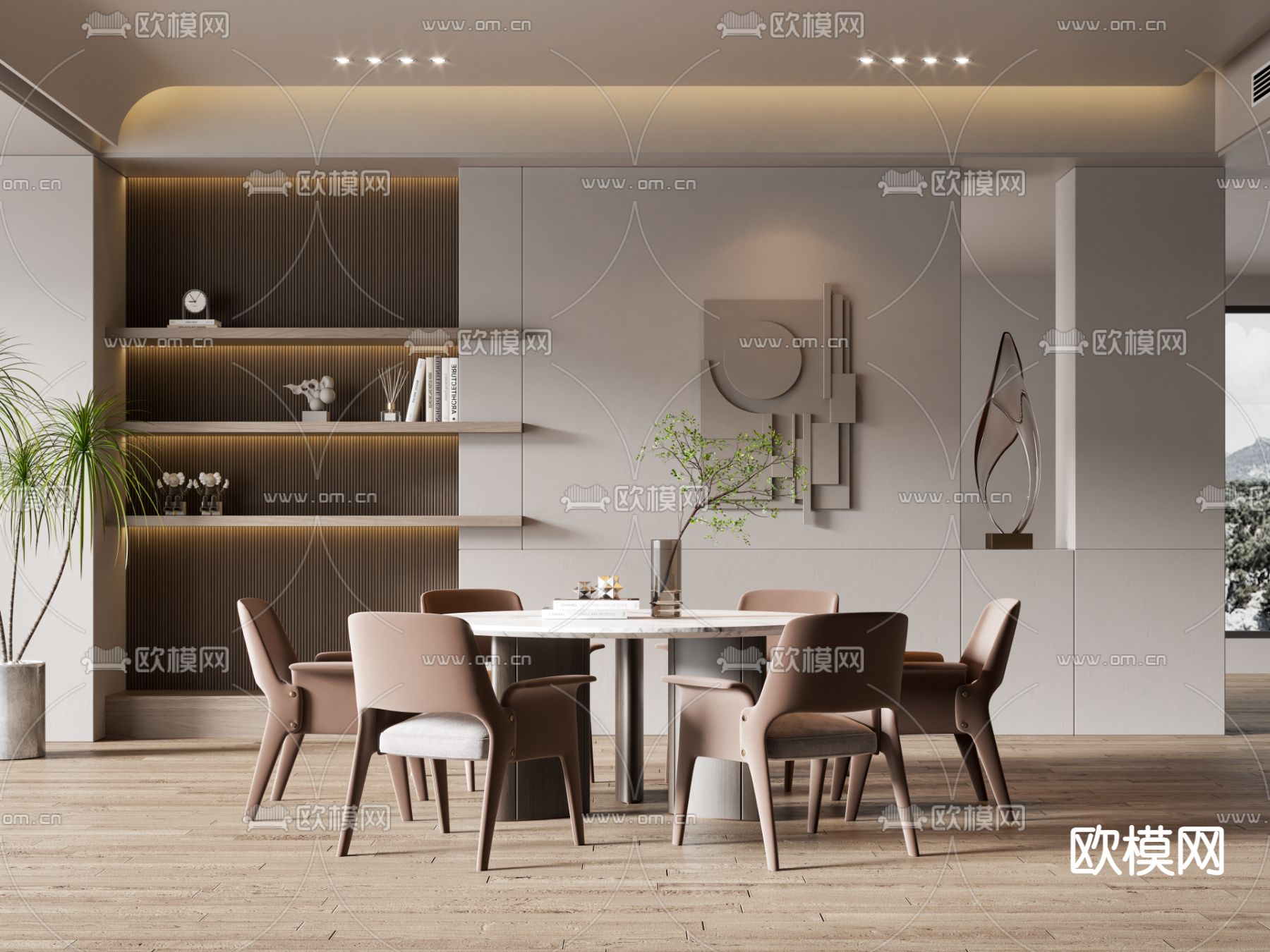 侘寂风大理石餐桌椅3d模型下载