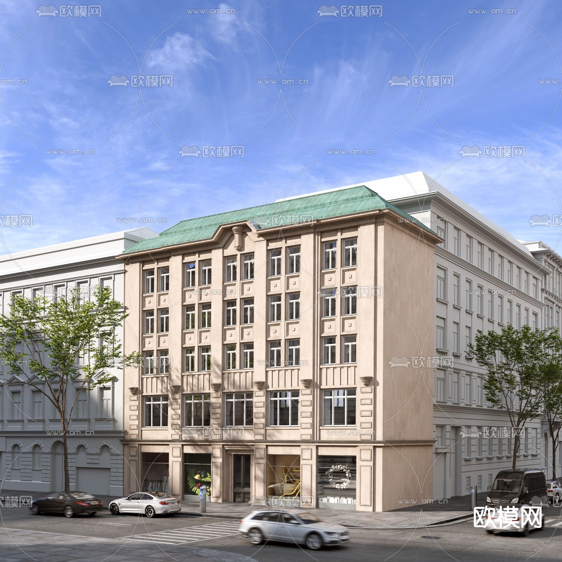 欧式街角办公楼su模型下载（渲染图1）