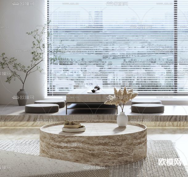 侘寂极简客厅3d模型下载(渲染图3)