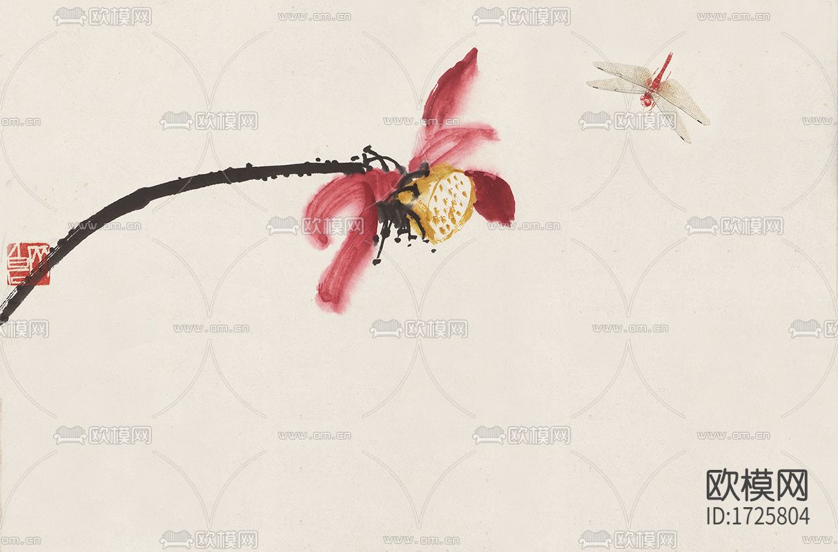 中式荷花壁画贴图