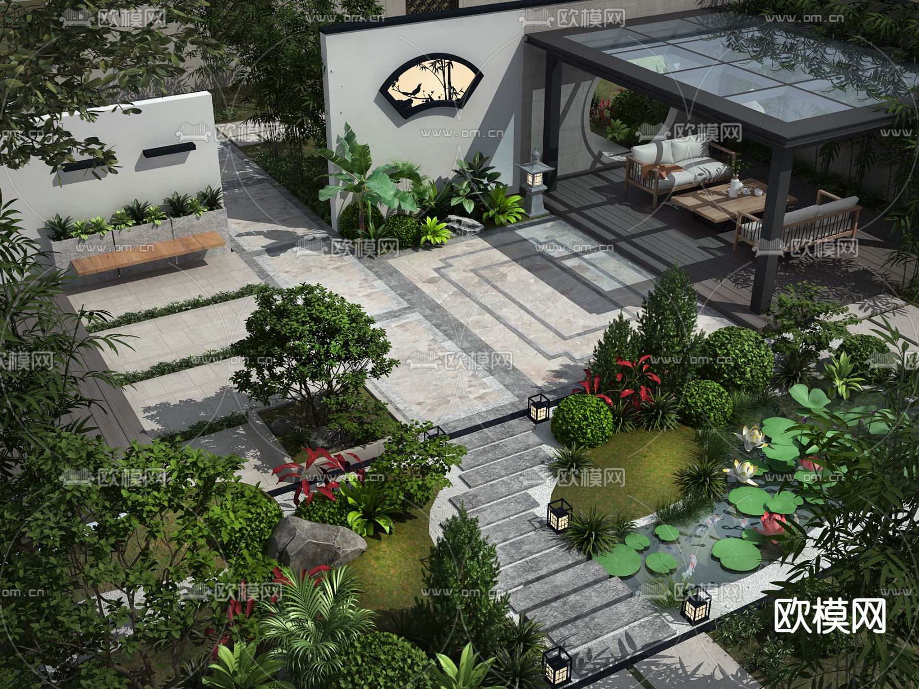 新中式庭院3d模型下载