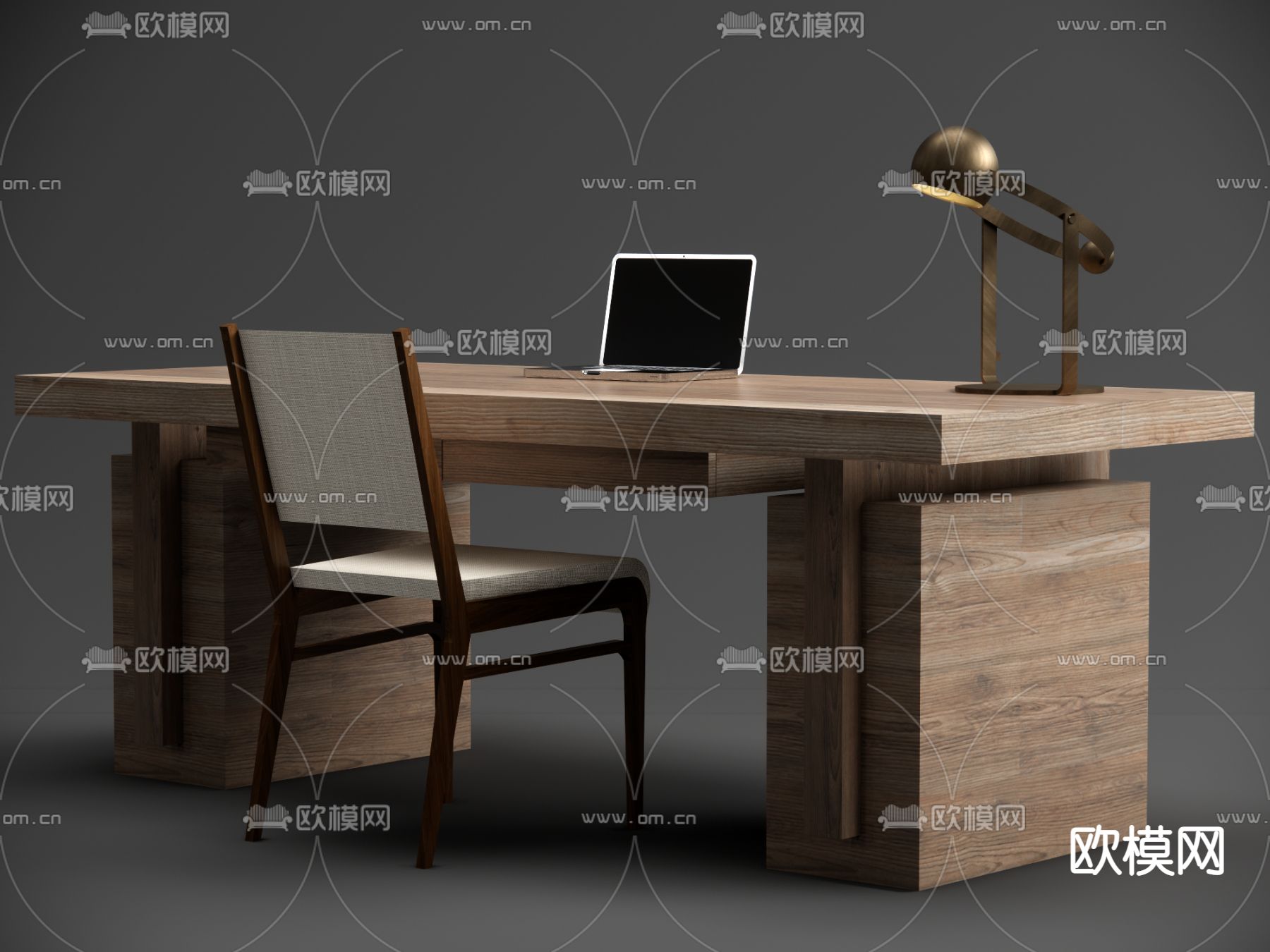 侘寂实木书桌椅su模型下载