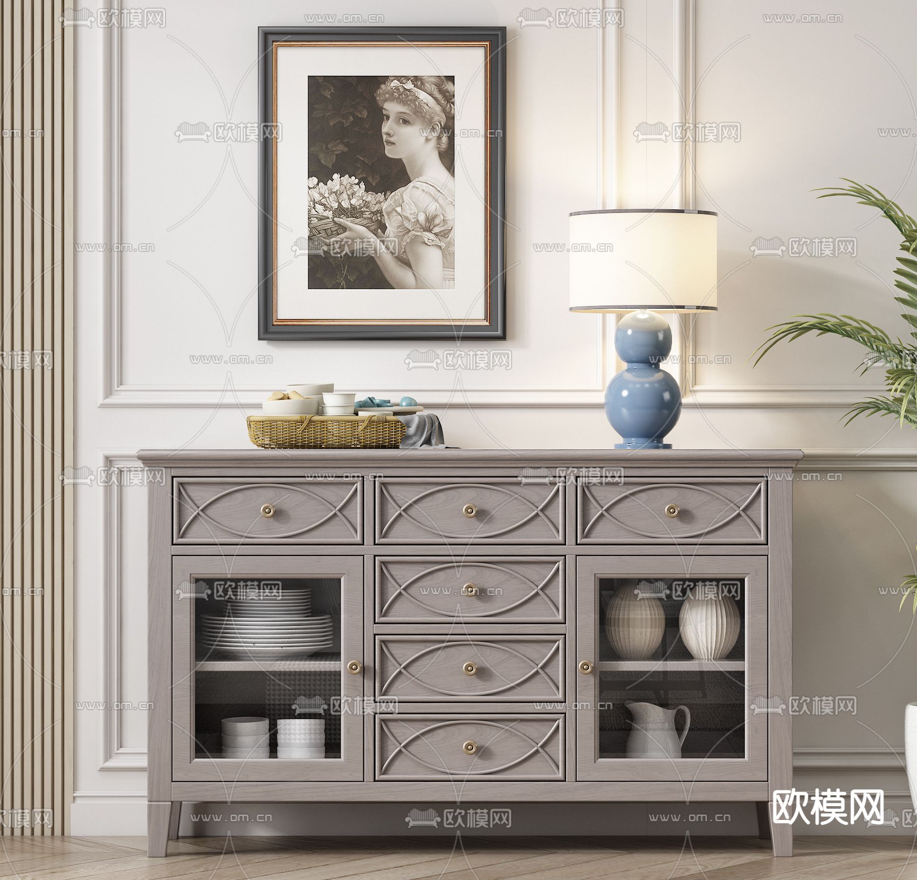 美式实木餐边柜3d模型下载