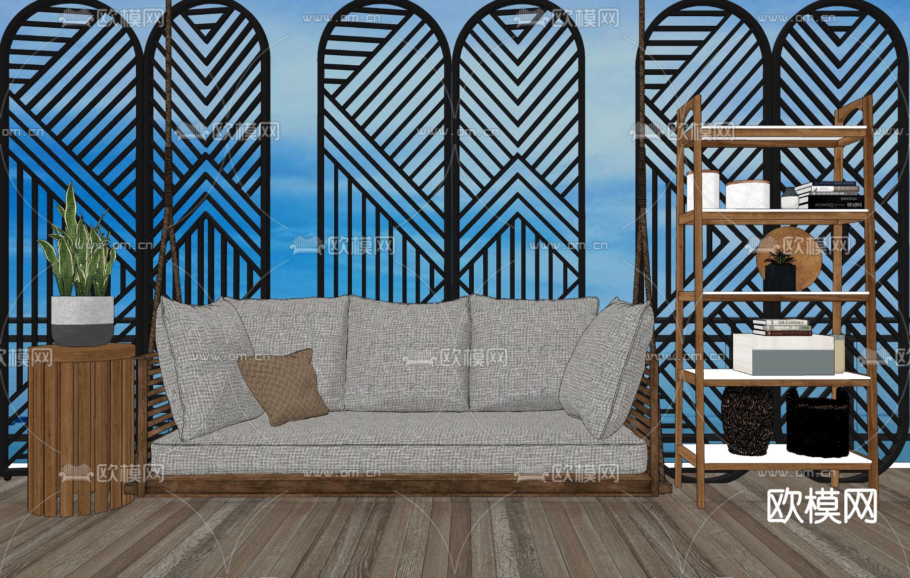 现代休闲吊椅su模型下载（渲染图2）