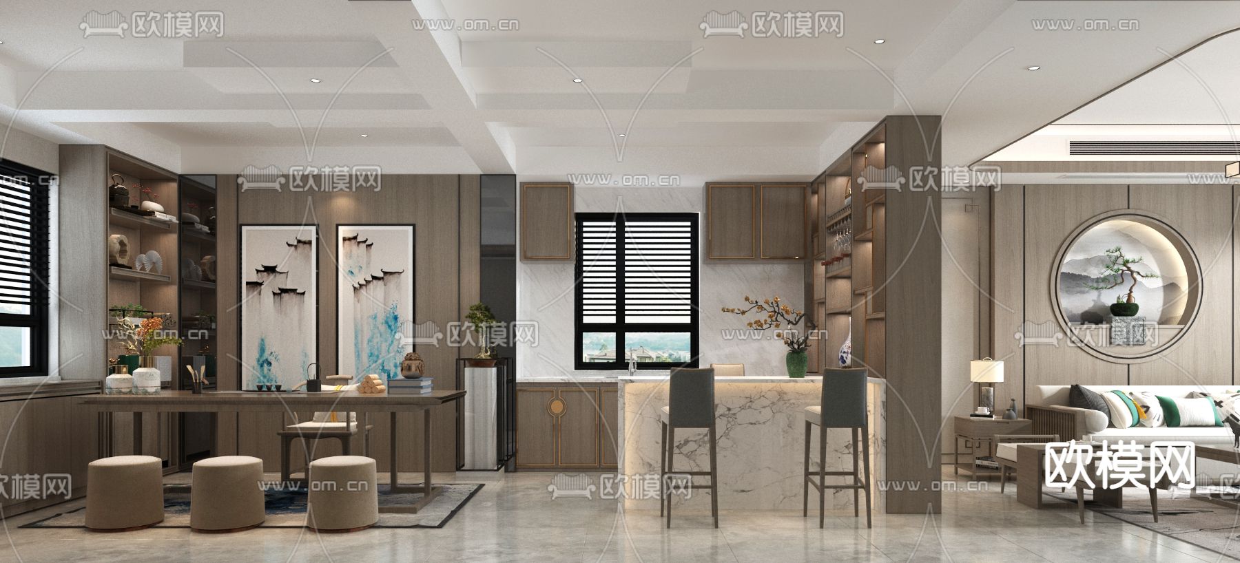 新中式客餐厅厨房免费3d模型下载（渲染图1）