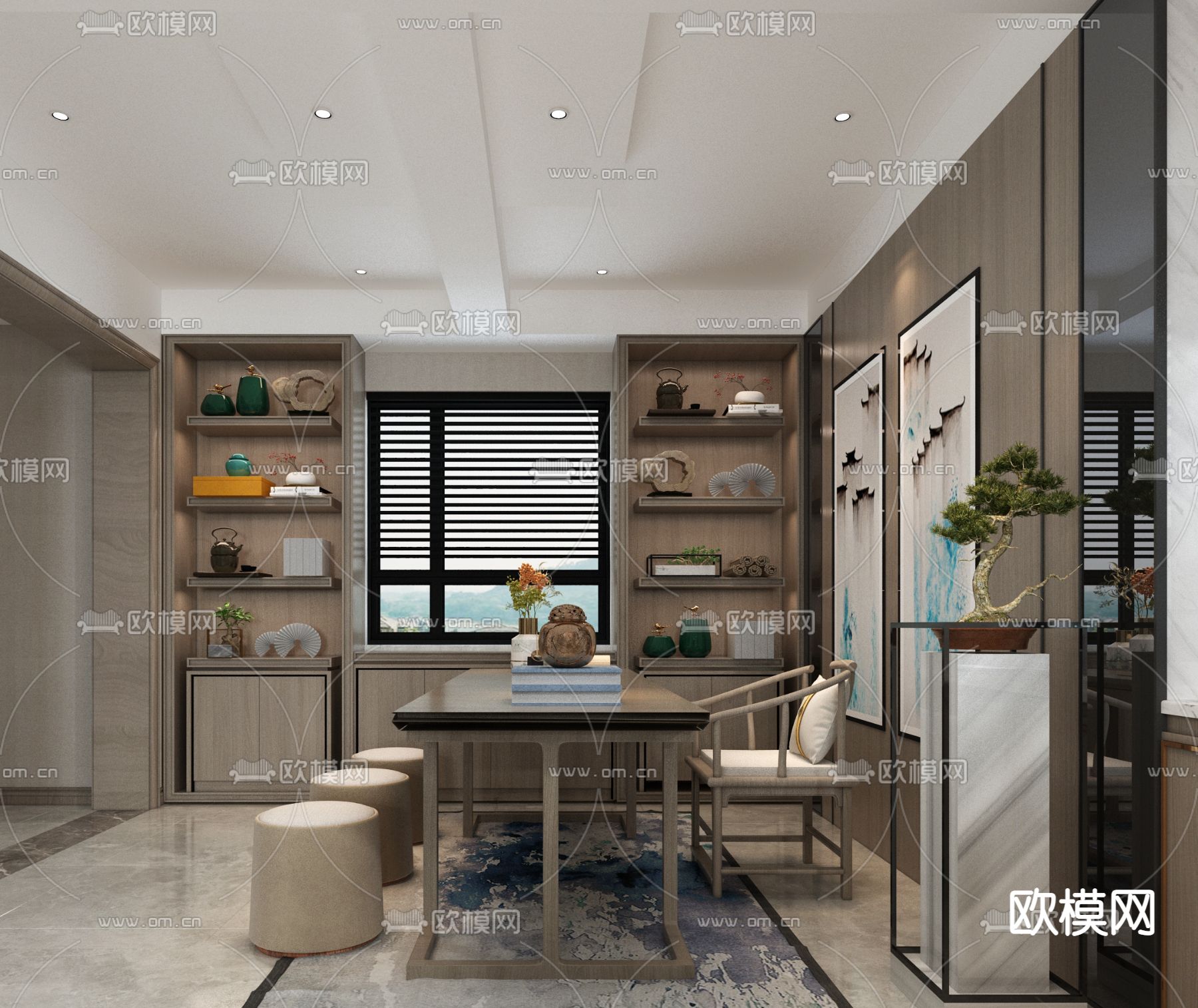 新中式客餐厅厨房免费3d模型下载（渲染图2）