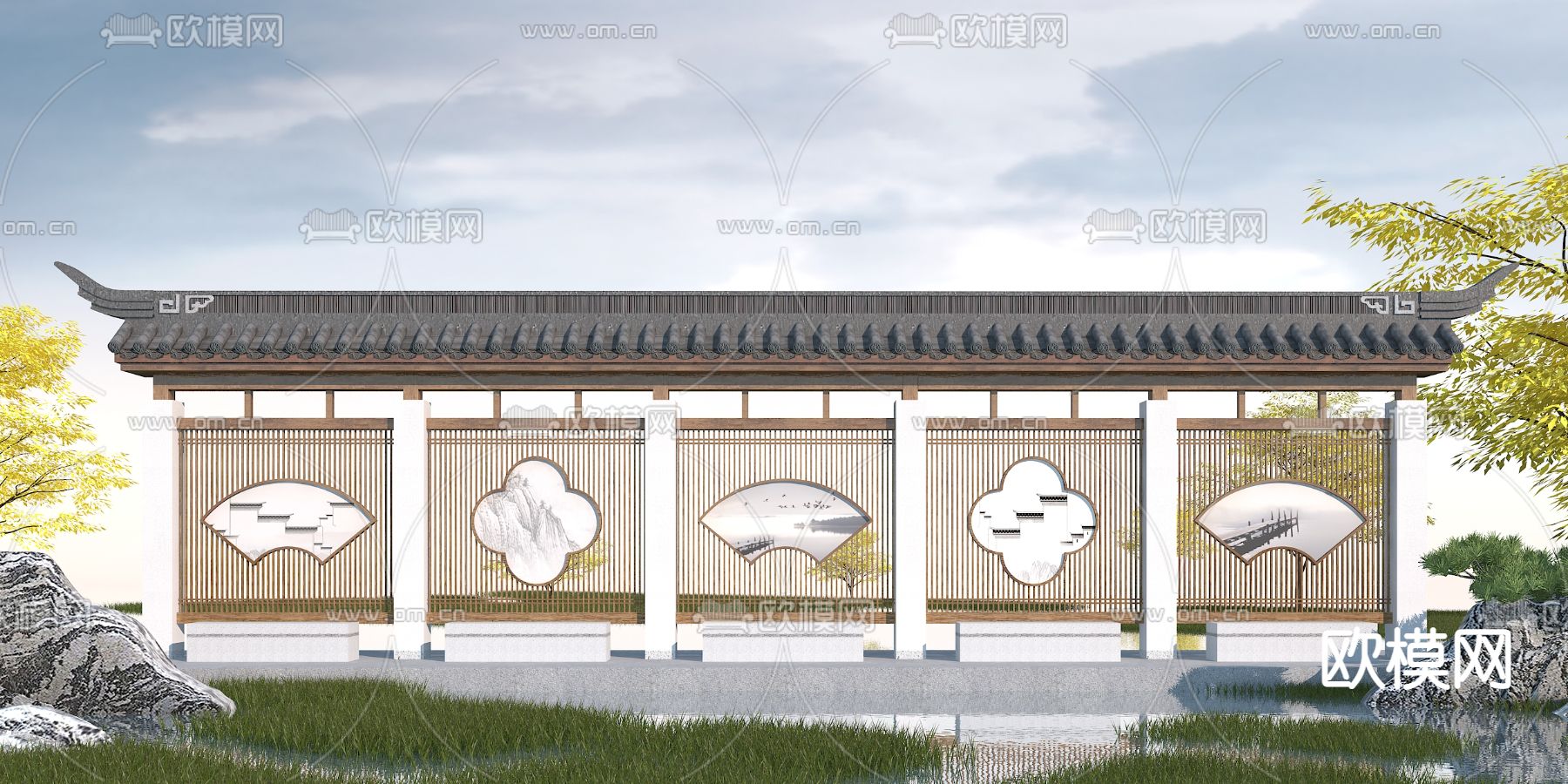 中式防腐木文化长廊3d模型下载