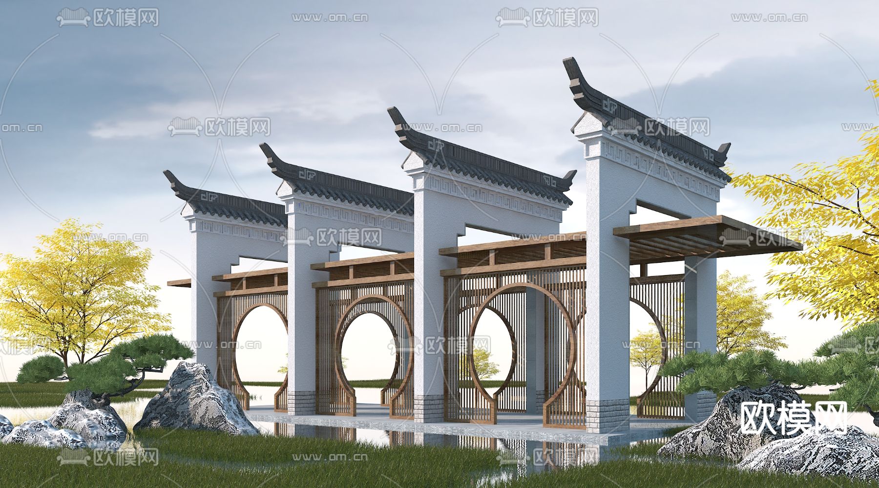 中式马头墙长廊3d模型下载