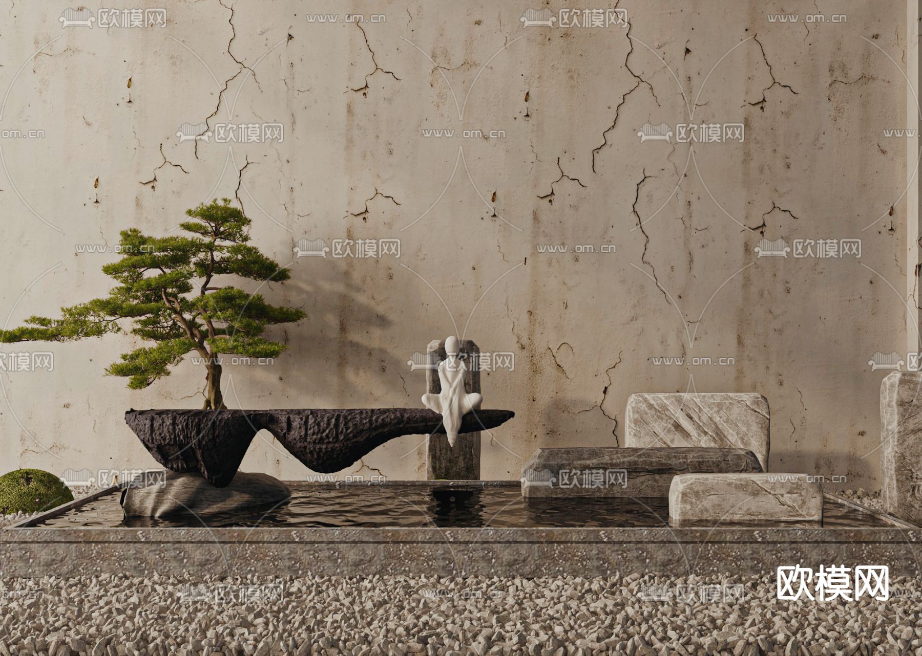 新中式禅意水池小品3d模型下载