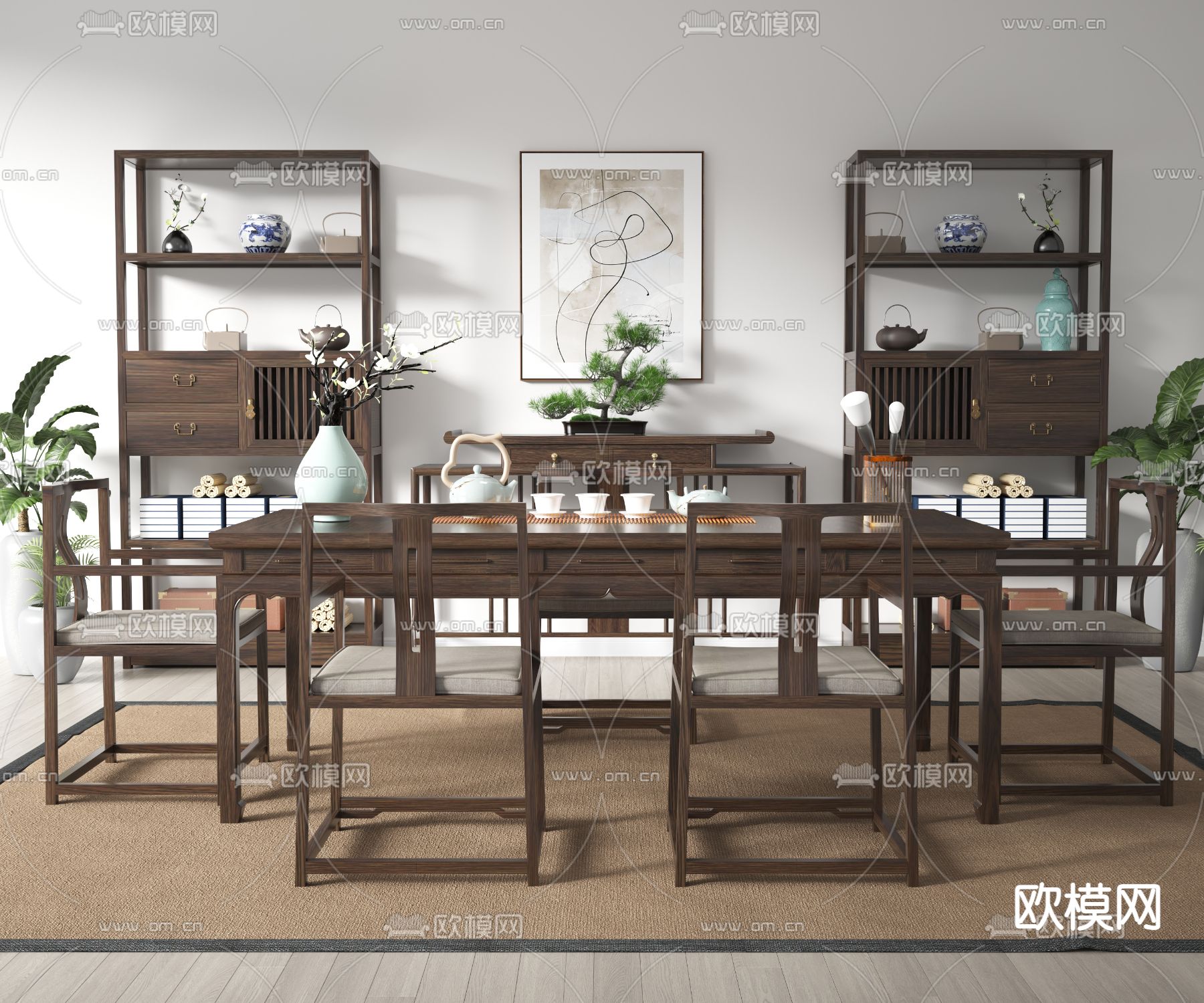 新中式实木茶桌椅3d模型