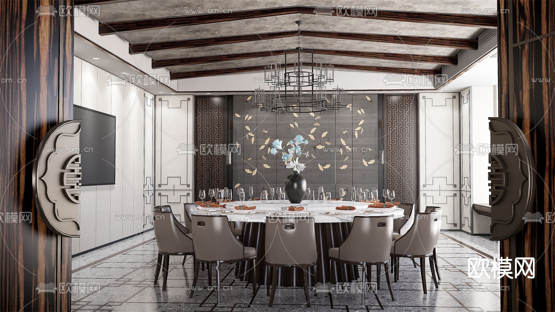 新中式餐厅包厢su模型下载（渲染图1）