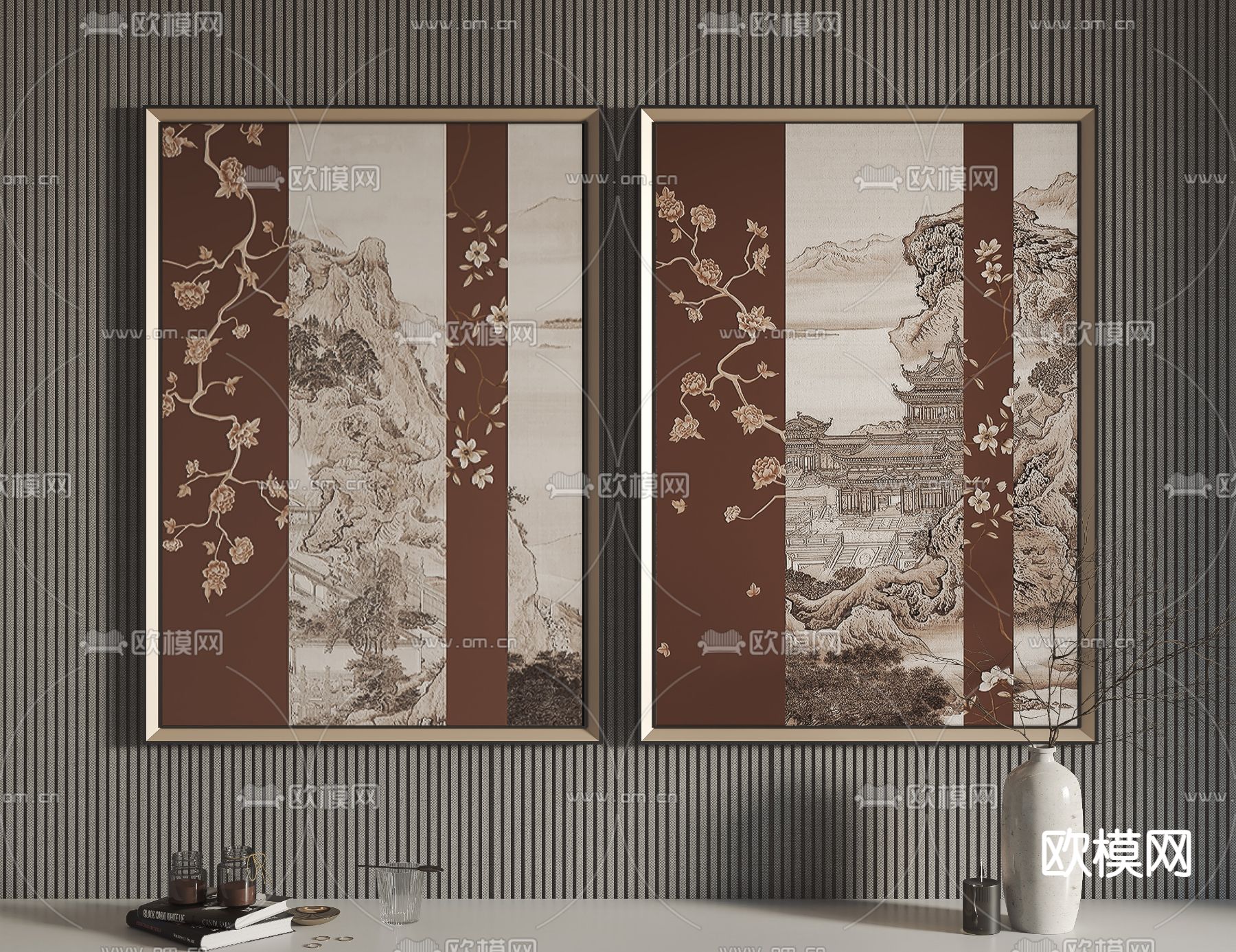 新中式山水装饰画3d模型