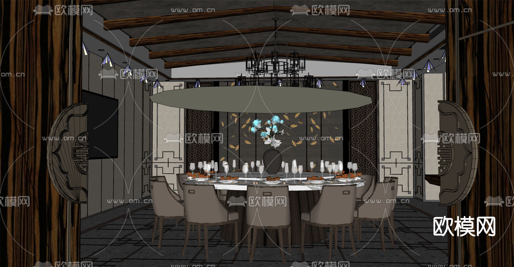 新中式餐厅包厢su模型下载（渲染图2）