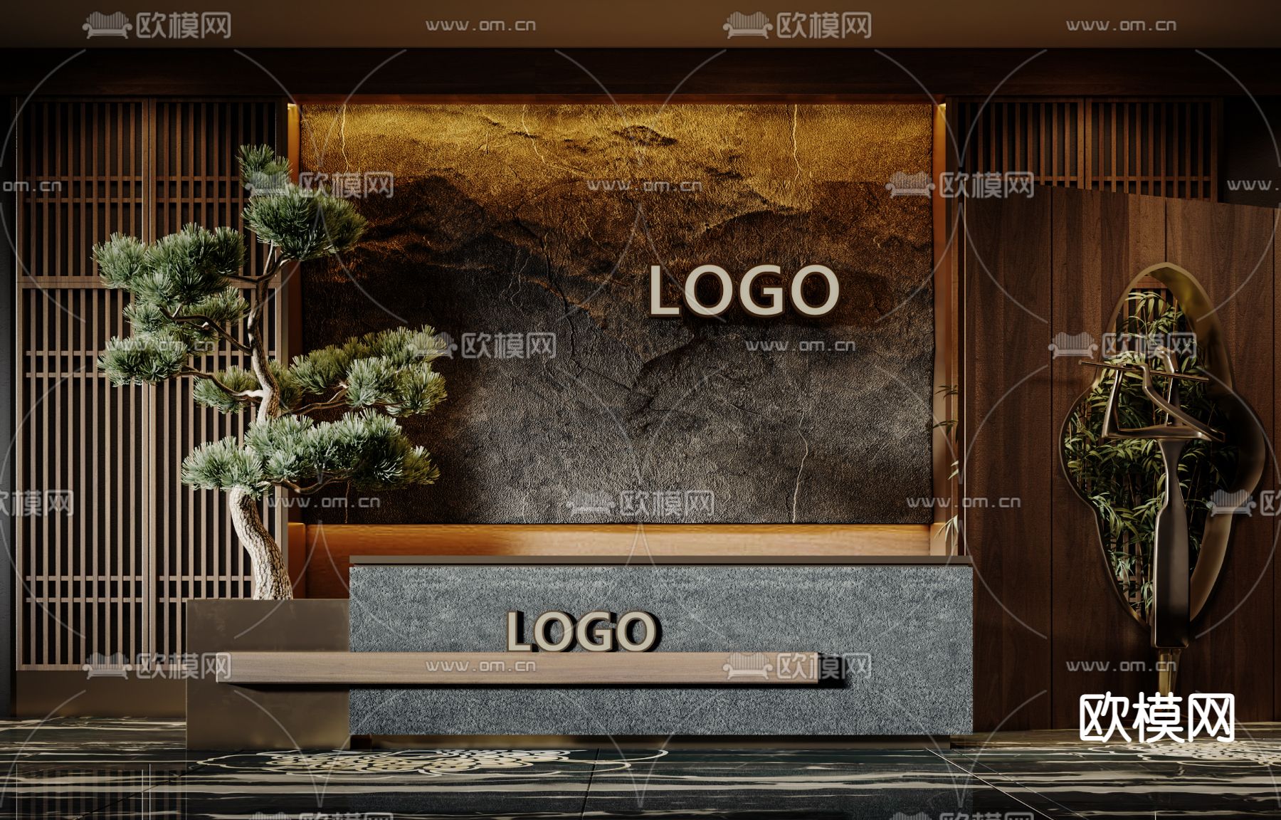 新中式前台接待台3d模型下载