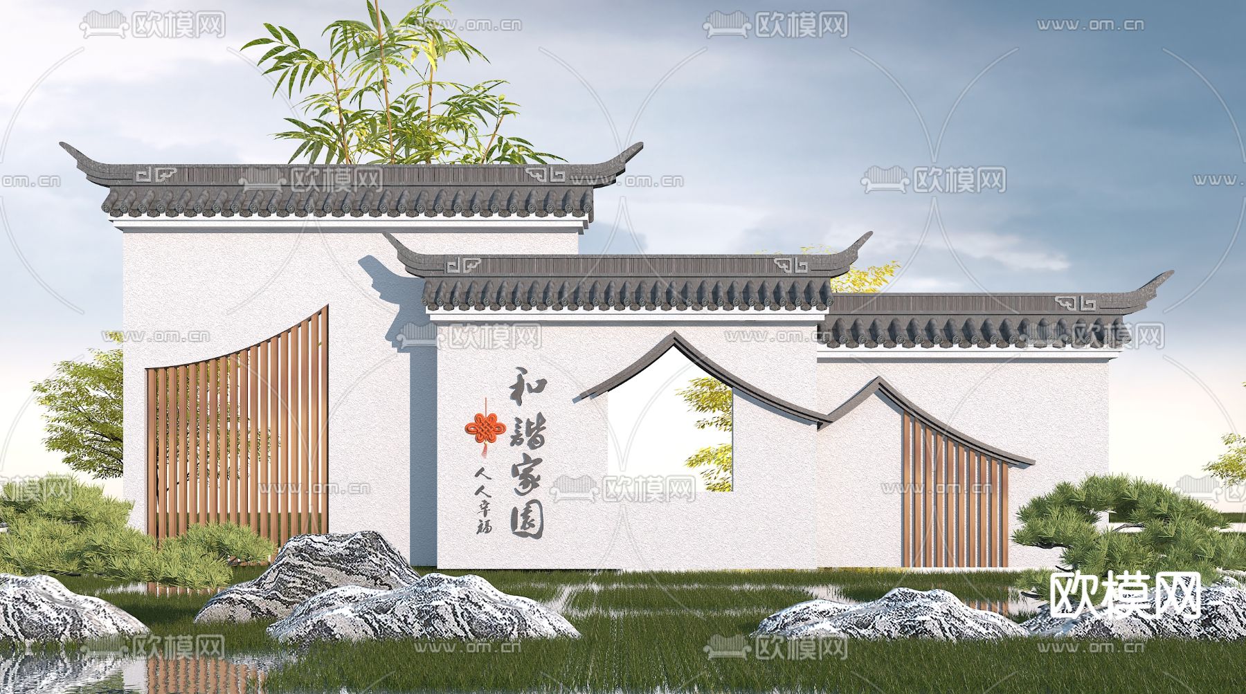 新中式园林景观墙3d模型下载