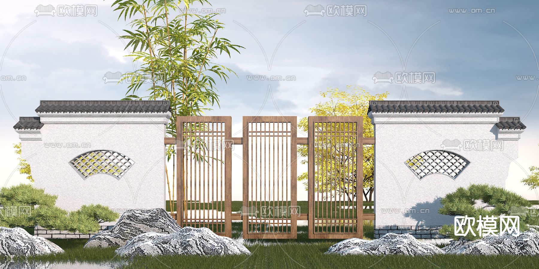 新中式园林景观墙3d模型下载