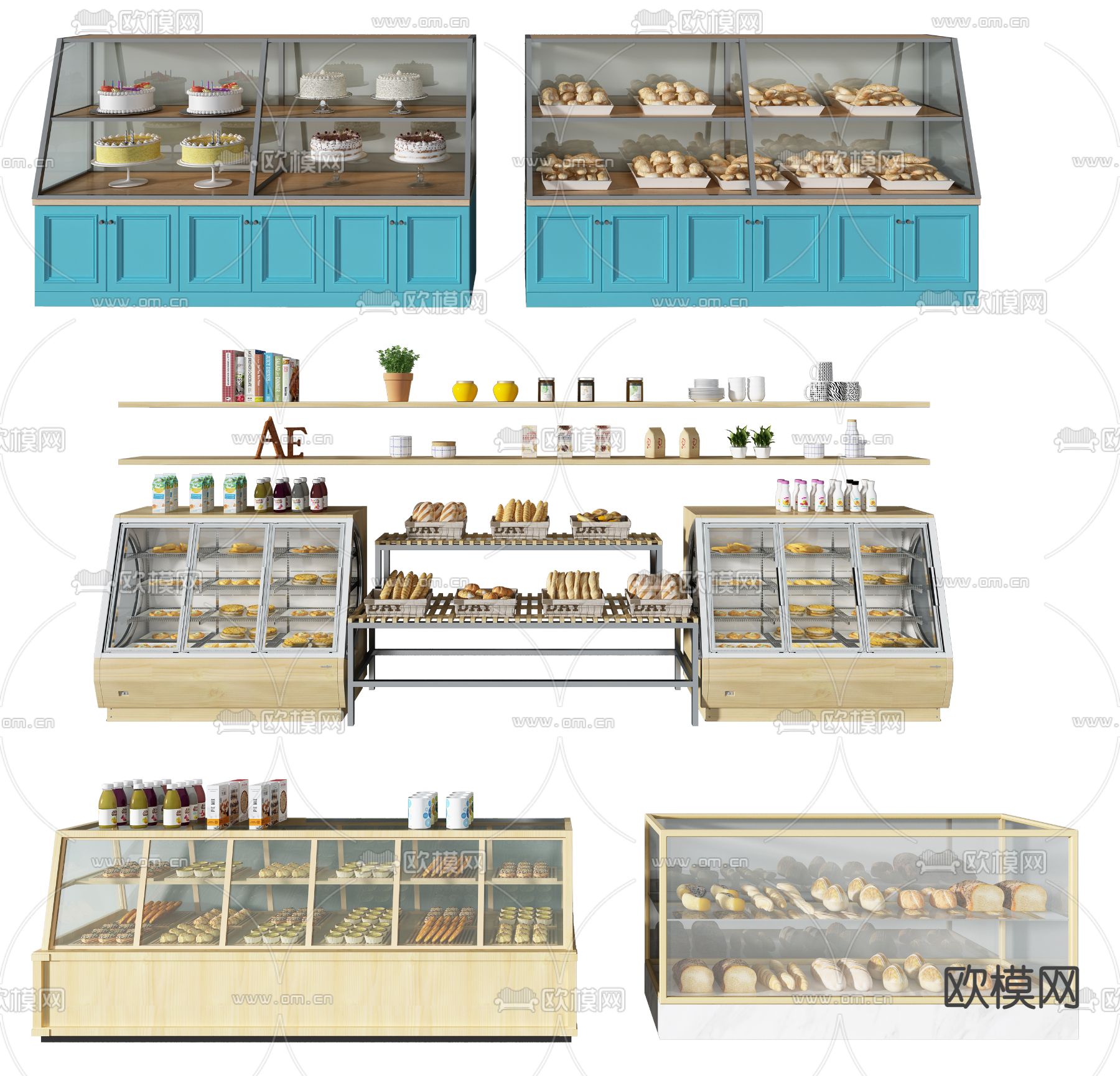 现代蛋糕面包玻璃展柜3d模型下载
