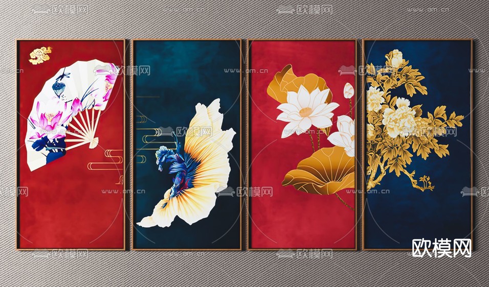 新中式装饰挂画免费3d模型下载