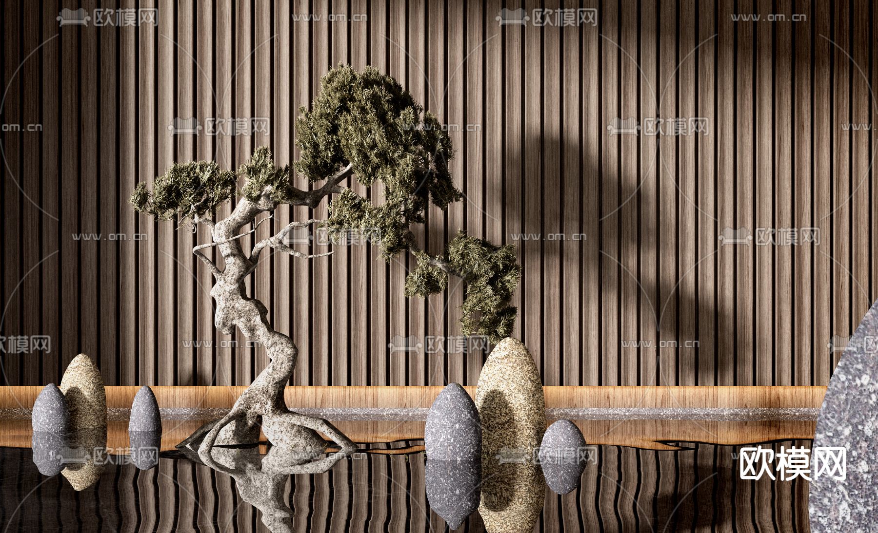 新中式松树石头景观小品3d模型下载