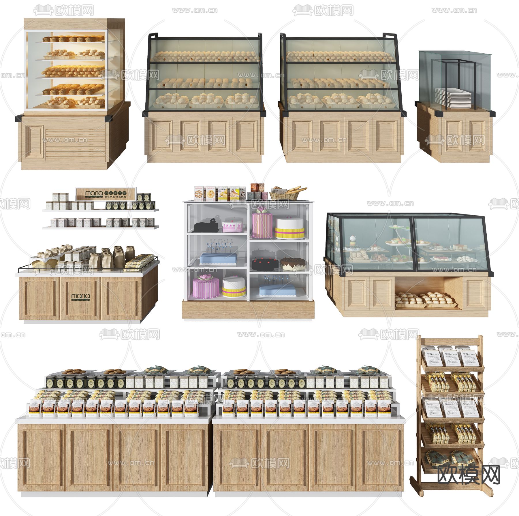现代蛋糕面包玻璃展柜3d模型下载