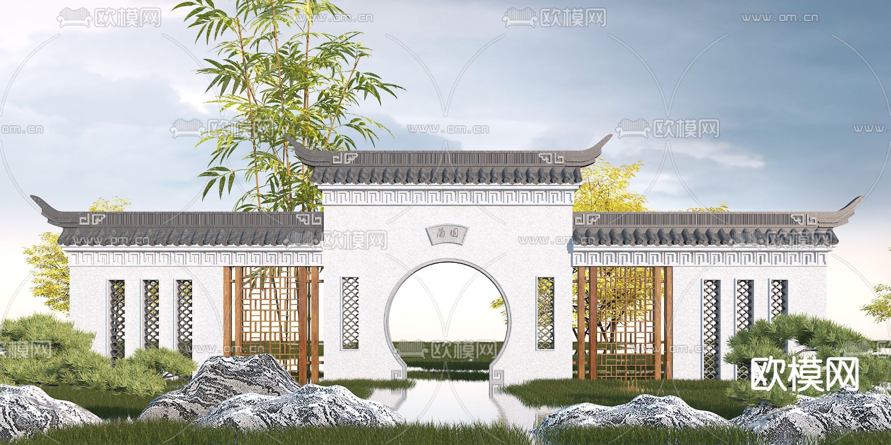 新中式月洞门景观墙3d模型下载