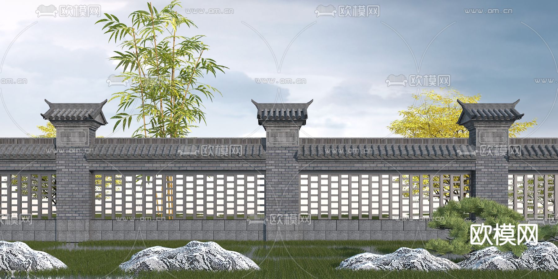 新中式景观围墙3d模型下载