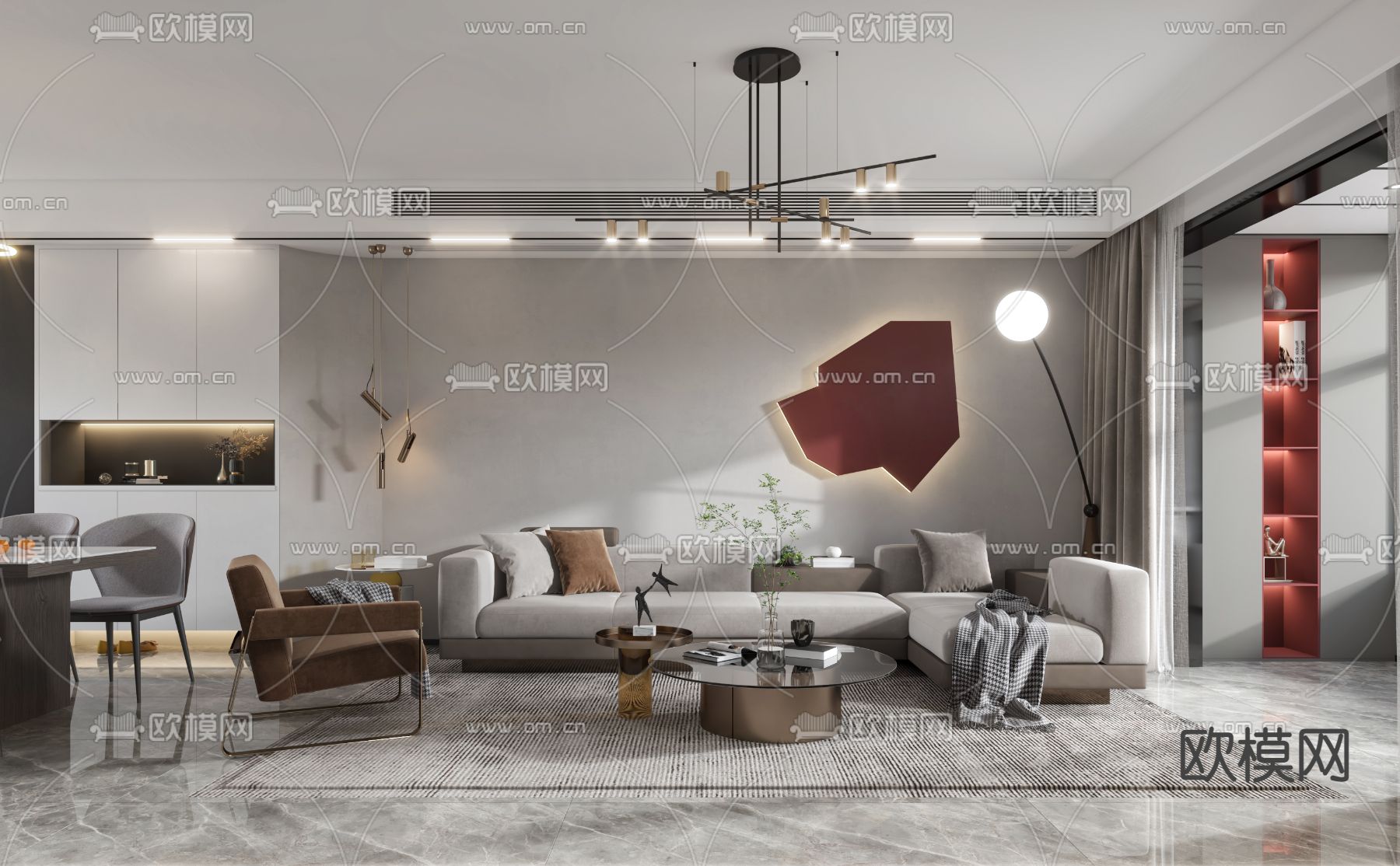 现代高级灰客餐厅3d模型下载（渲染图1）