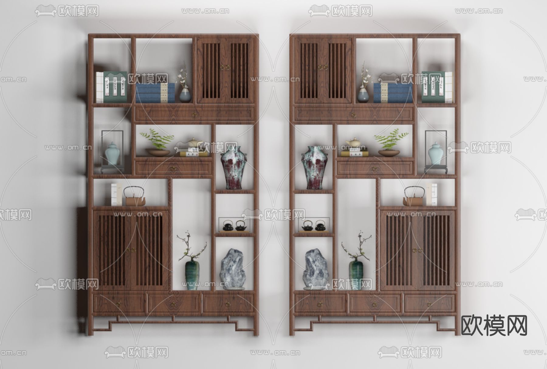 新中式实木博古架免费3d模型下载